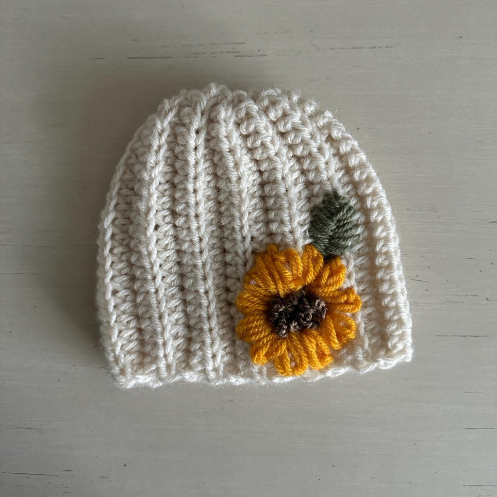 Hat for baby- crochet with hand embroidered sunflower- beige size newborn to 3T available