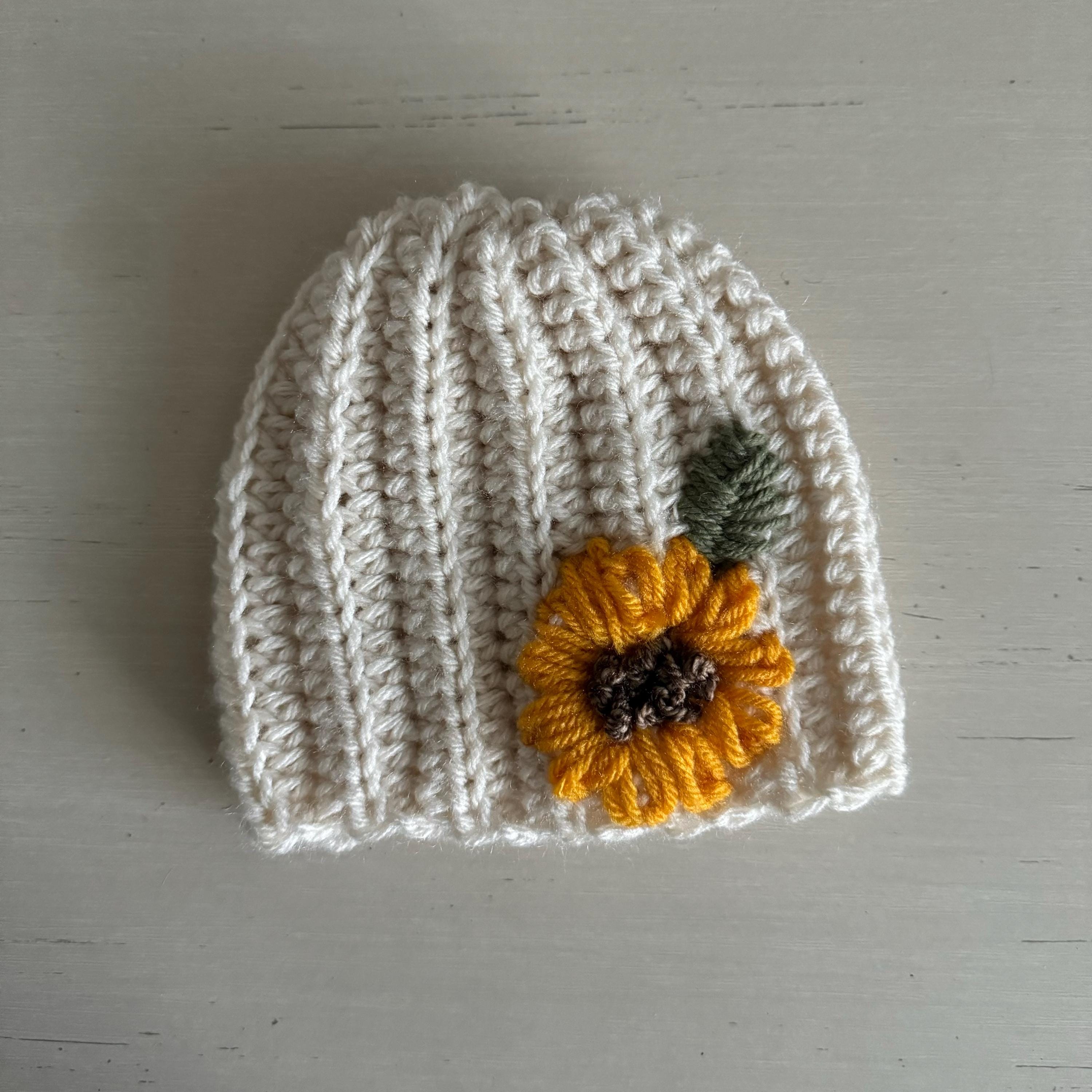 Hat for baby- crochet with hand embroidered sunflower- beige size newborn to 3T available