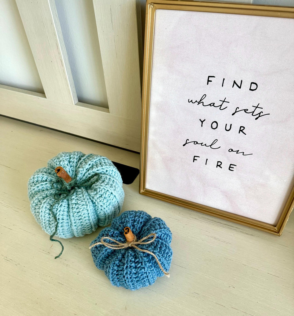 Decorative handmade crochet pumpkin coastal blue vibe