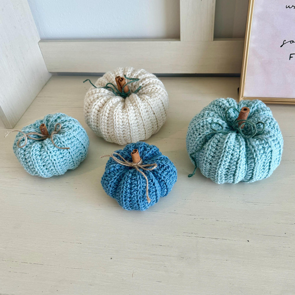 Decorative handmade crochet pumpkin coastal blue vibe