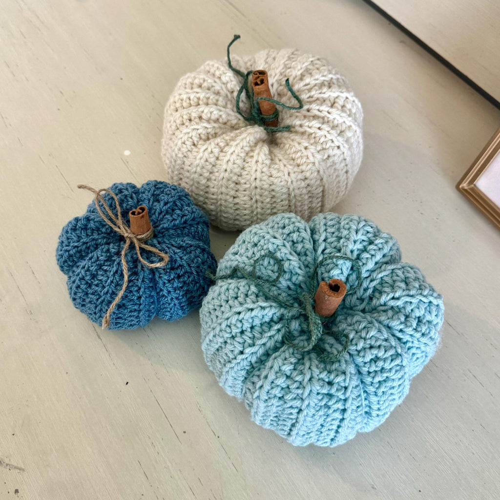 Decorative handmade crochet pumpkin coastal blue vibe