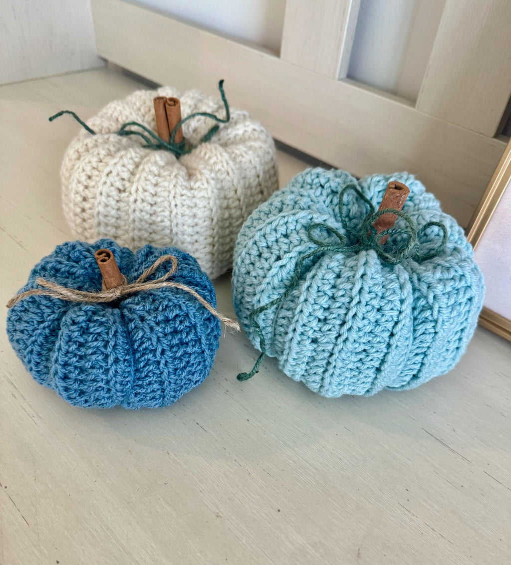 Decorative handmade crochet pumpkin coastal blue vibe