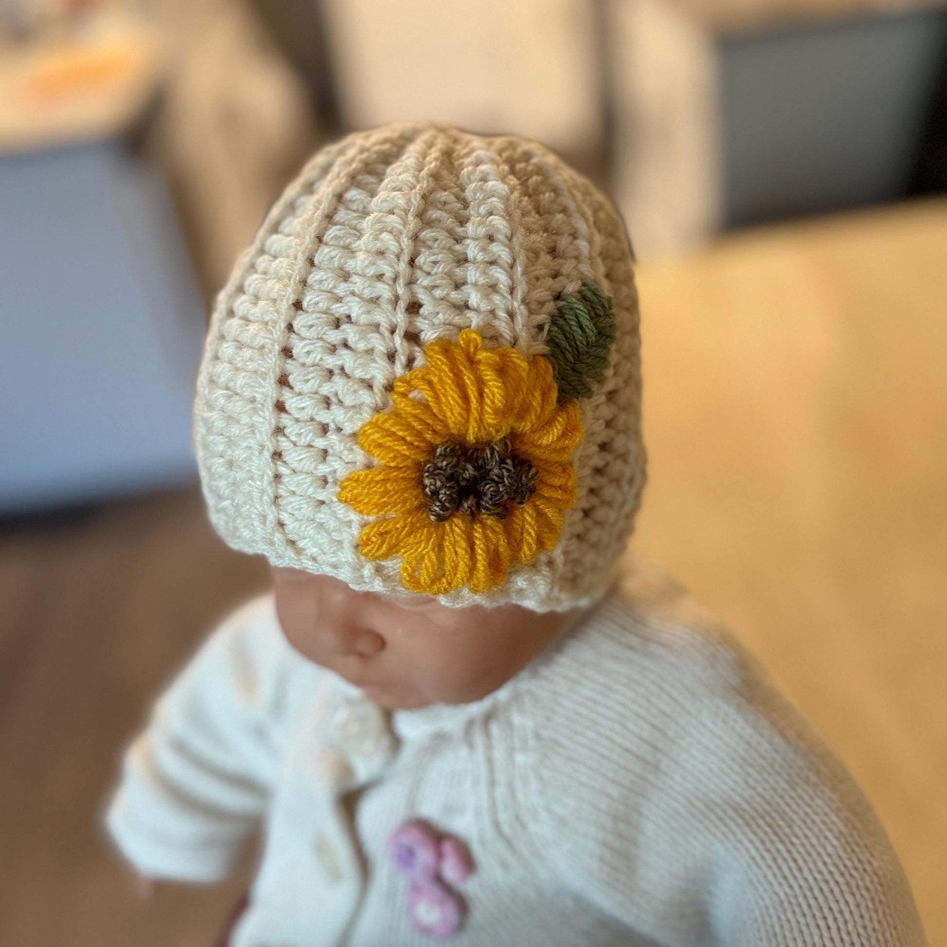 Hat for baby- crochet with hand embroidered sunflower- beige size newborn to 3T available