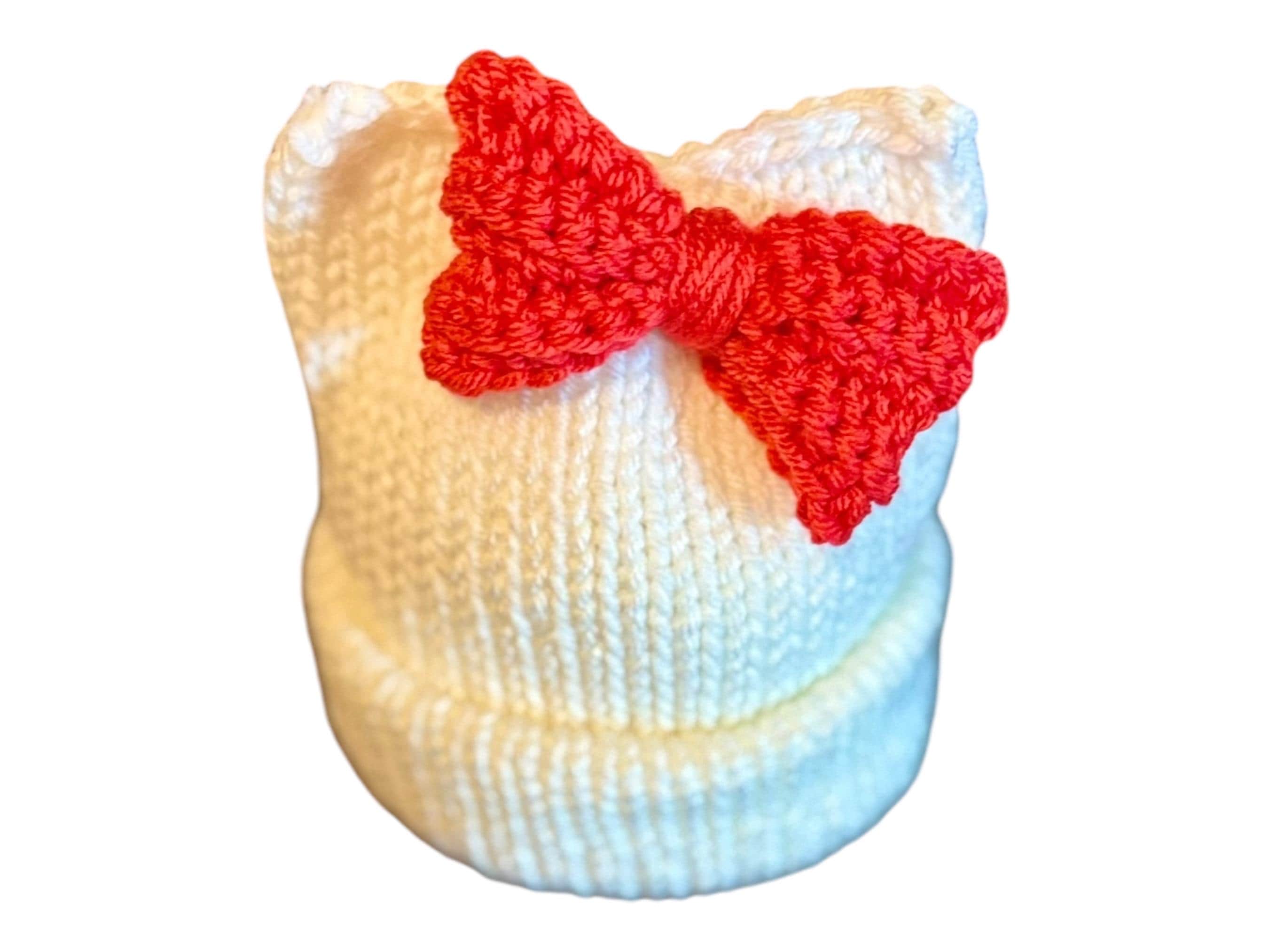 Kitty Cat Ears Beanie, White Knit Hat with Red Bow