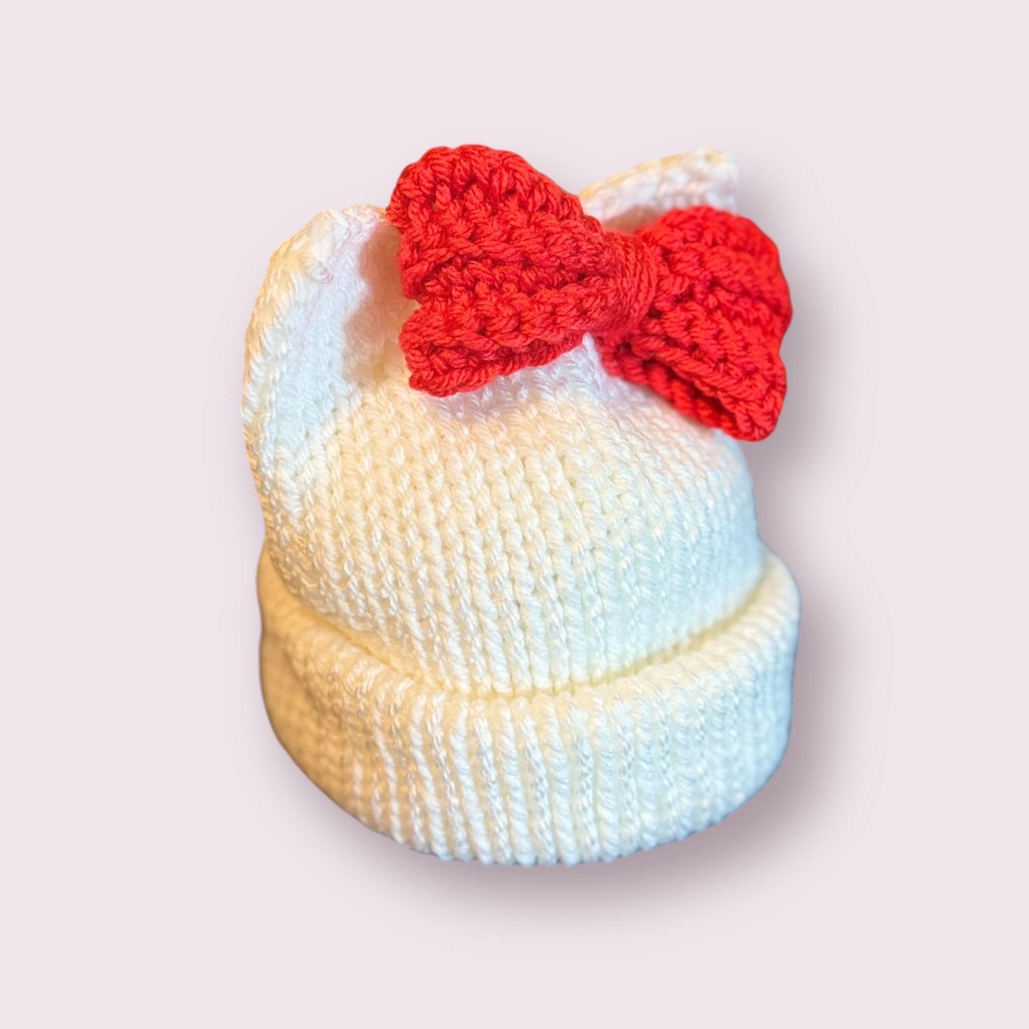 Kitty Cat Ears Beanie, White Knit Hat with Red Bow