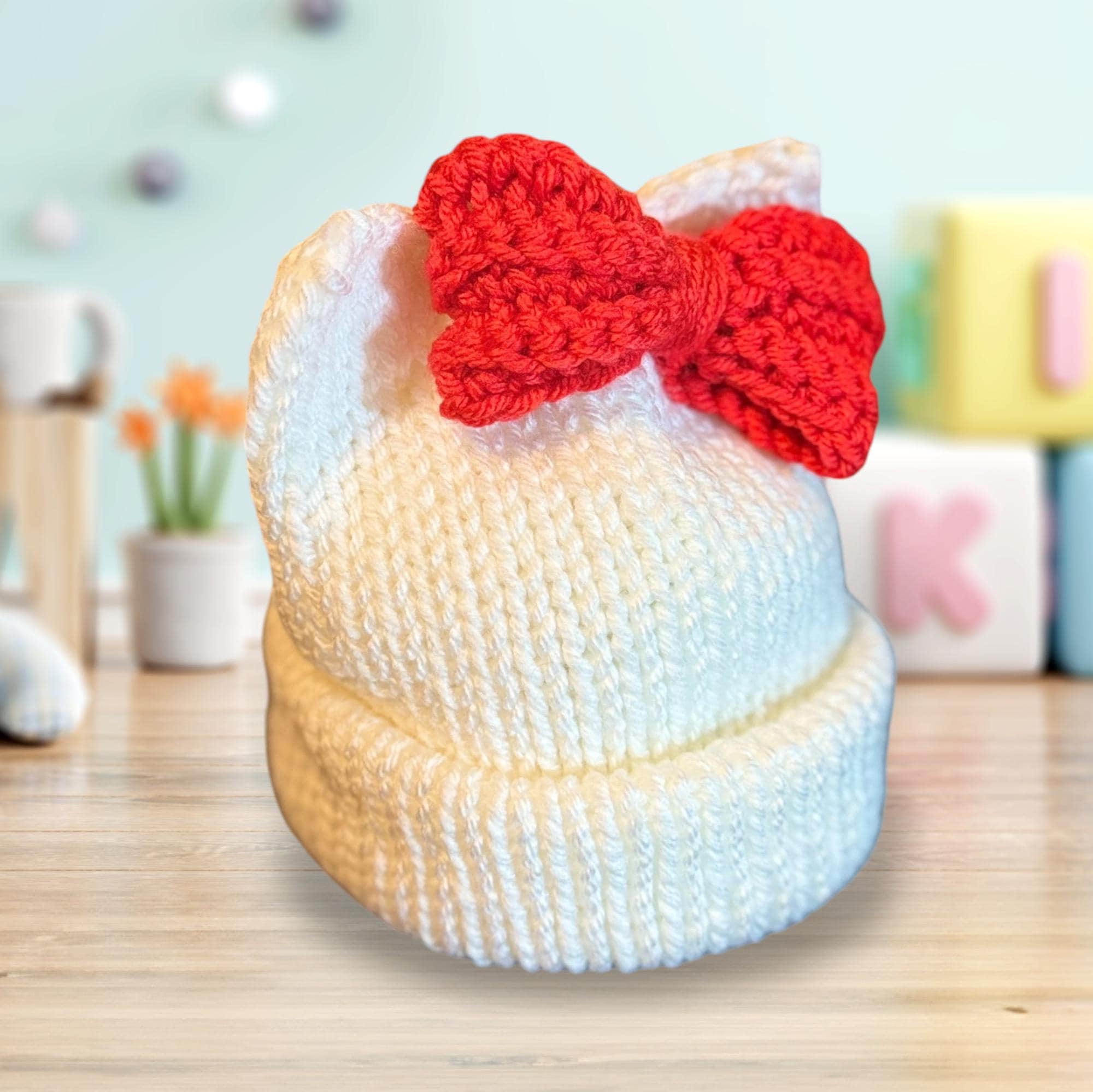 Kitty Cat Ears Beanie, White Knit Hat with Red Bow