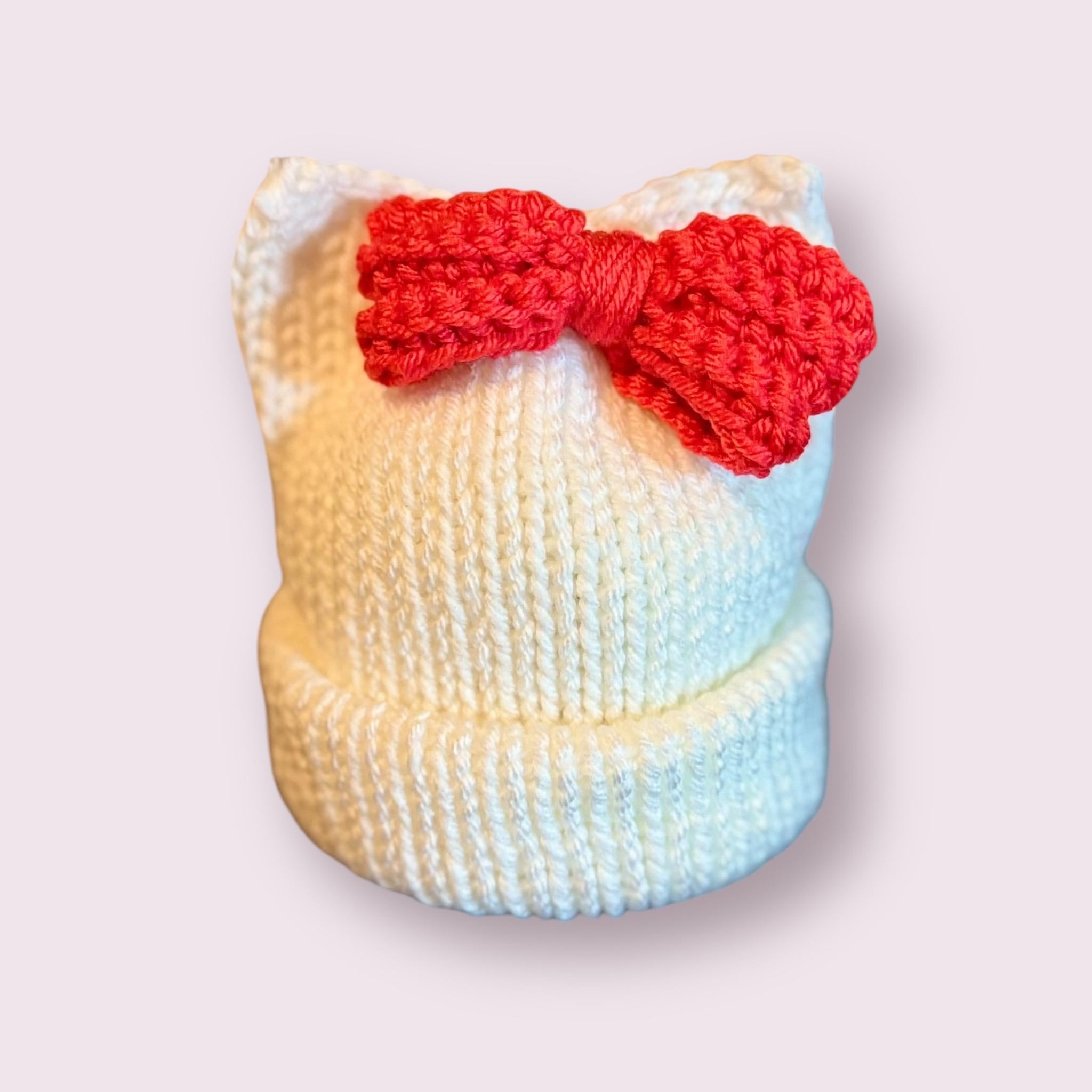 Kitty Cat Ears Beanie, White Knit Hat with Red Bow