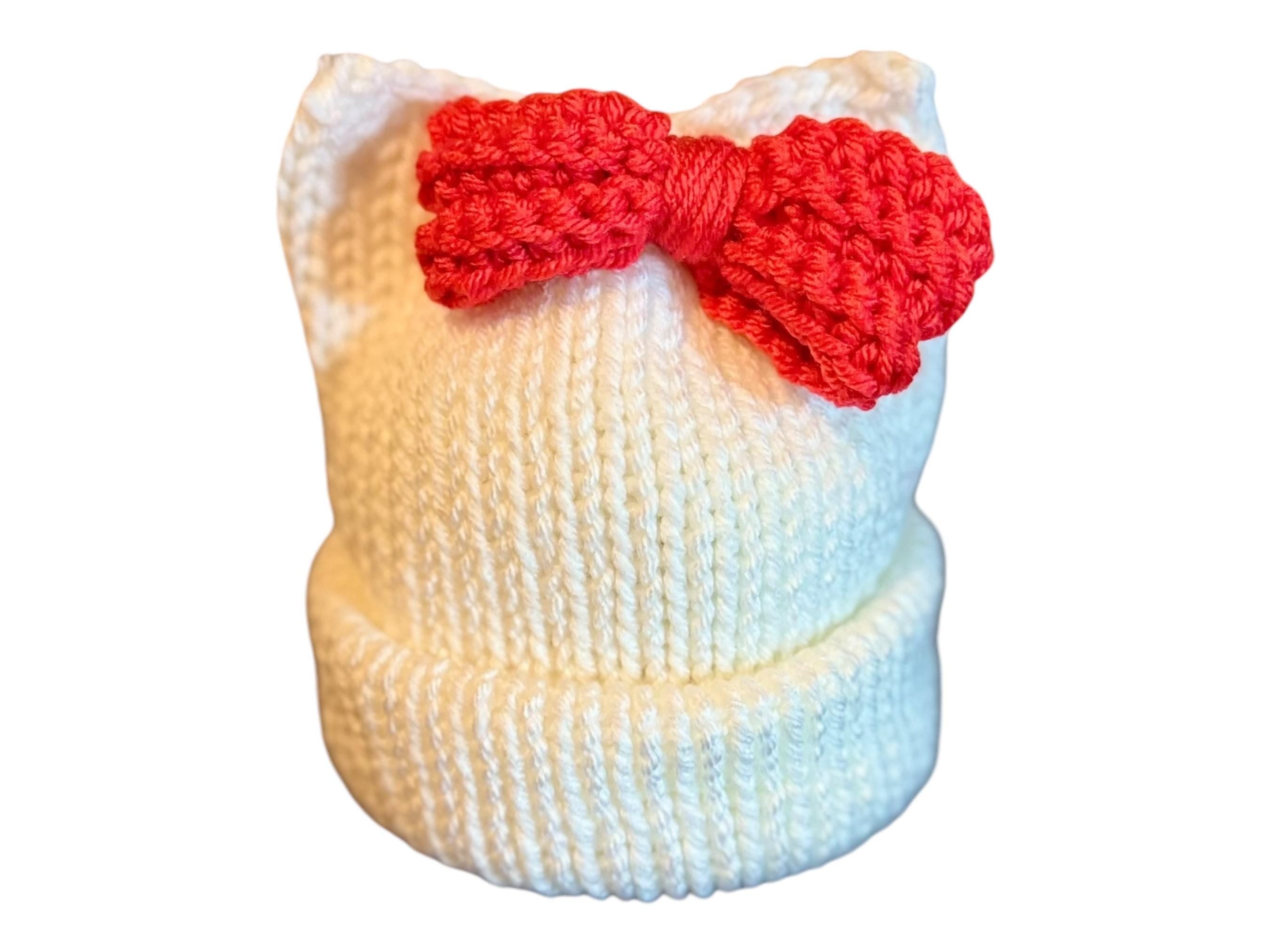 Cat Ears Beanie Hat White with Red Bow Adult Child and Baby sizes