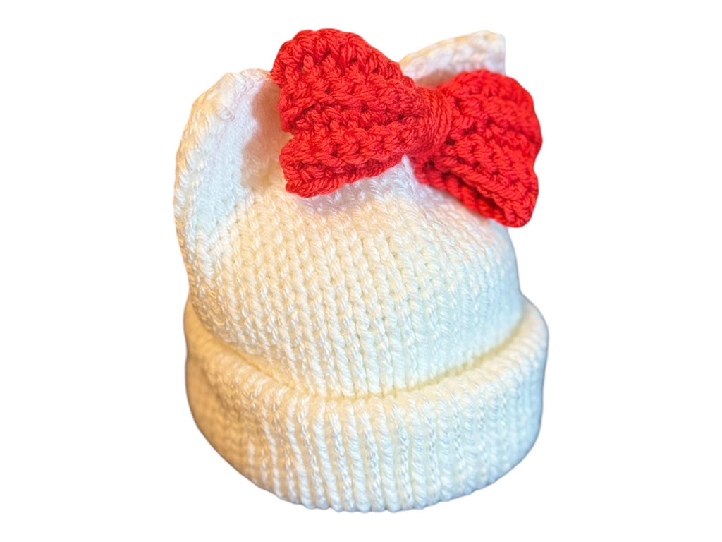 Cat Ears Beanie Hat White with Red Bow Adult Child and Baby sizes
