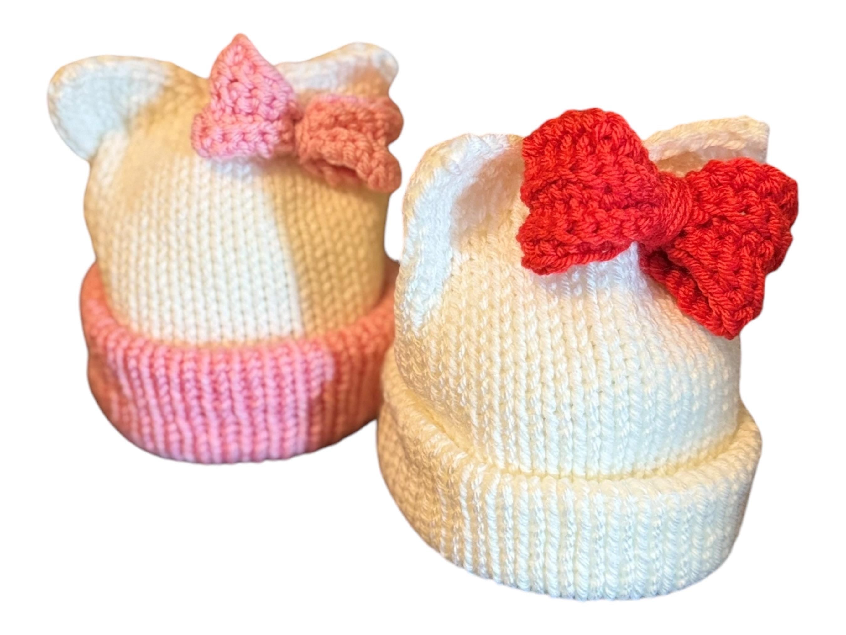 Kitty Cat Ears Beanie, White Knit Hat with Red Bow
