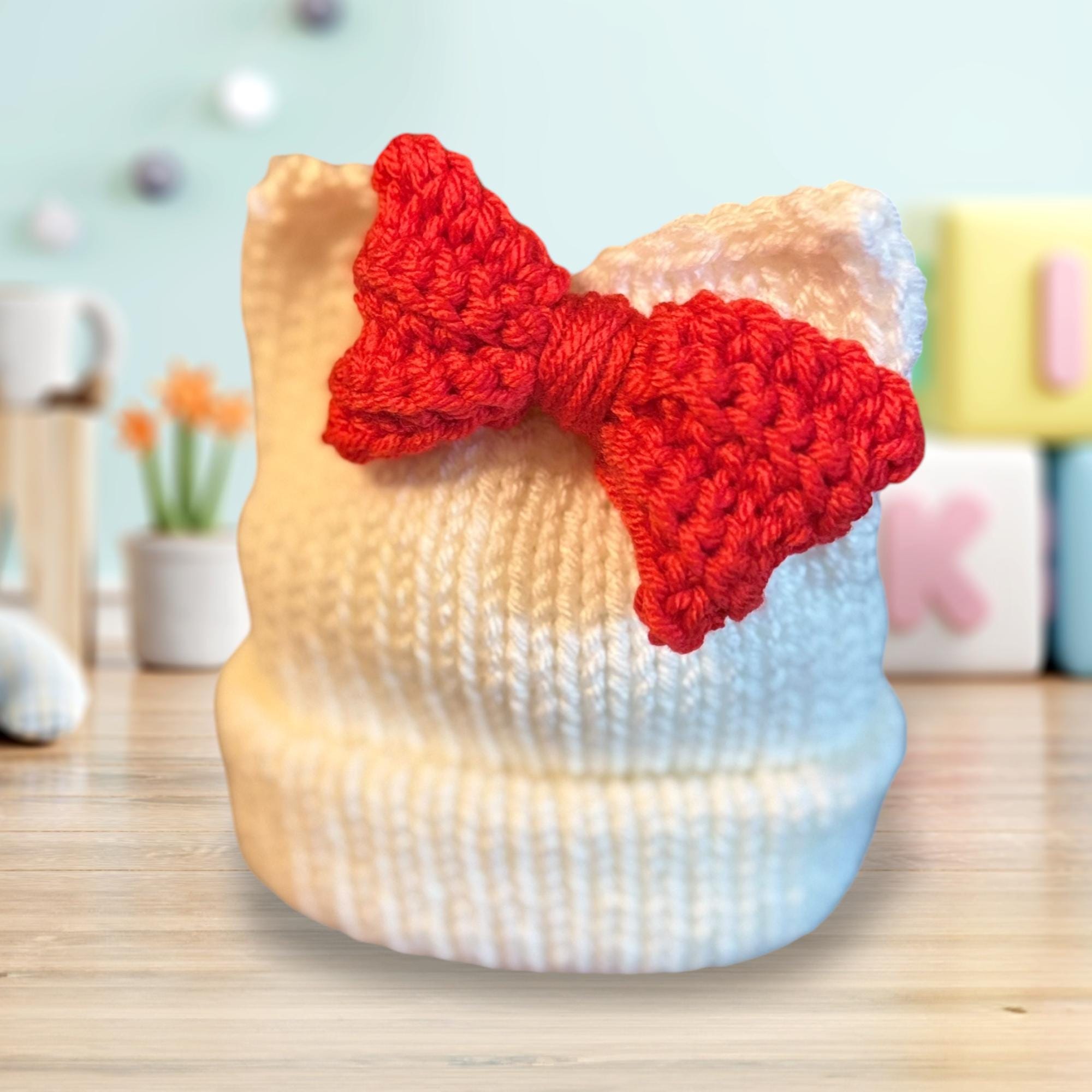 Cat Ears Beanie Hat White with Red Bow Adult Child and Baby sizes
