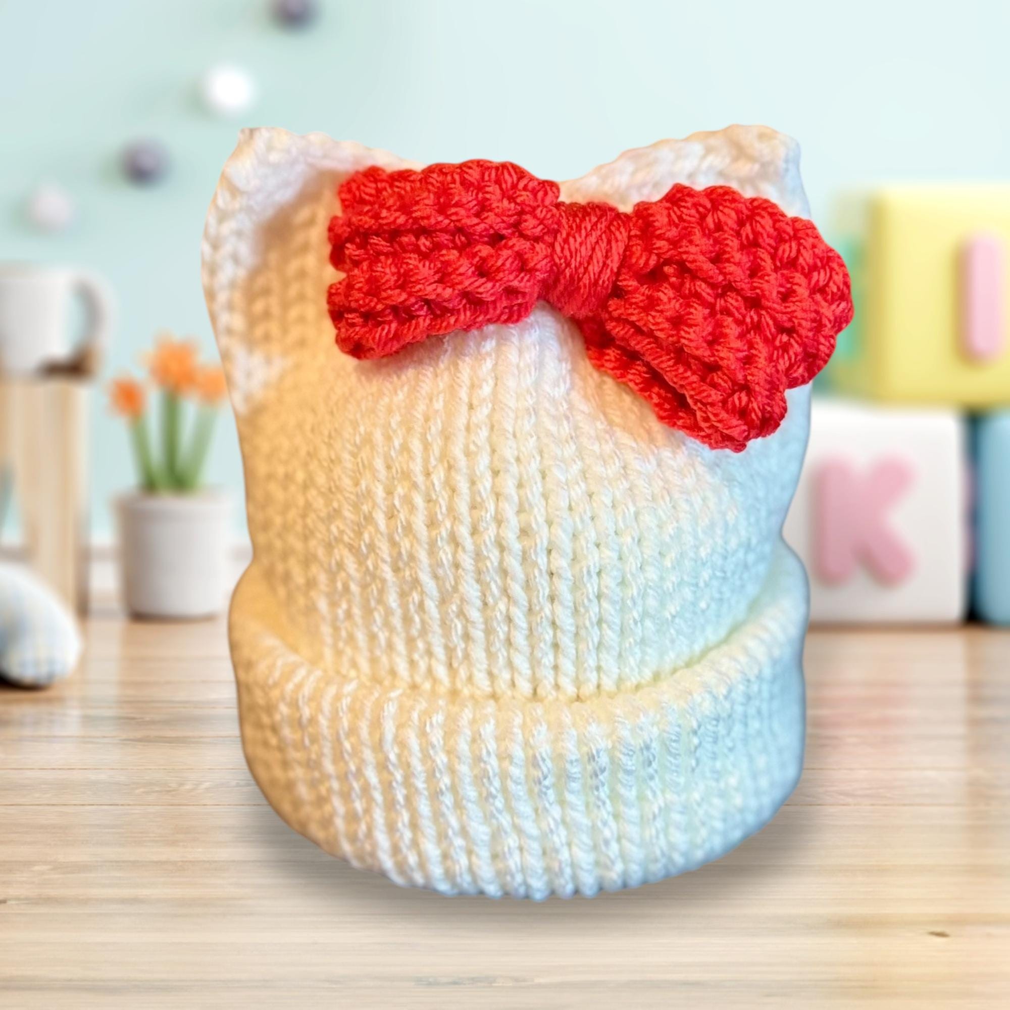 Cat Ears Beanie Hat White with Red Bow Adult Child and Baby sizes