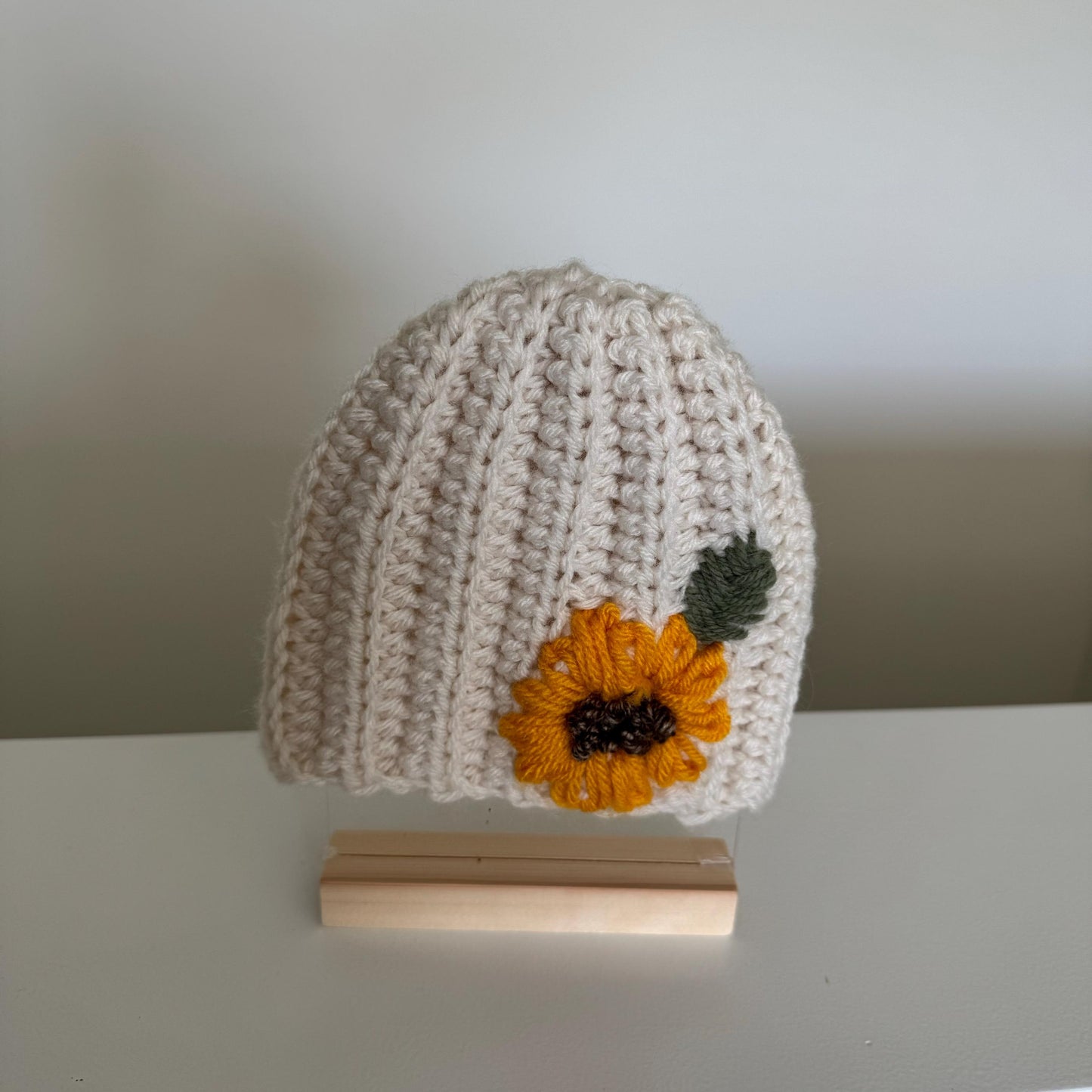 Hat for baby- crochet with hand embroidered sunflower- beige size newborn to 3T available