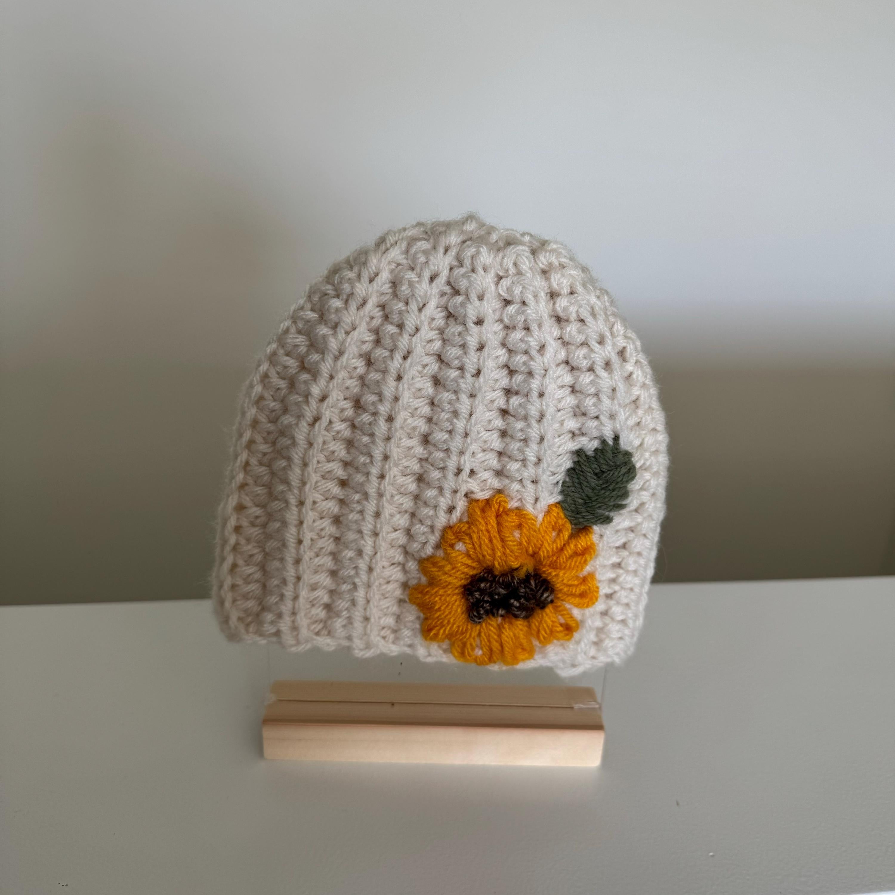 Hat for baby- crochet with hand embroidered sunflower- beige size newborn to 3T available