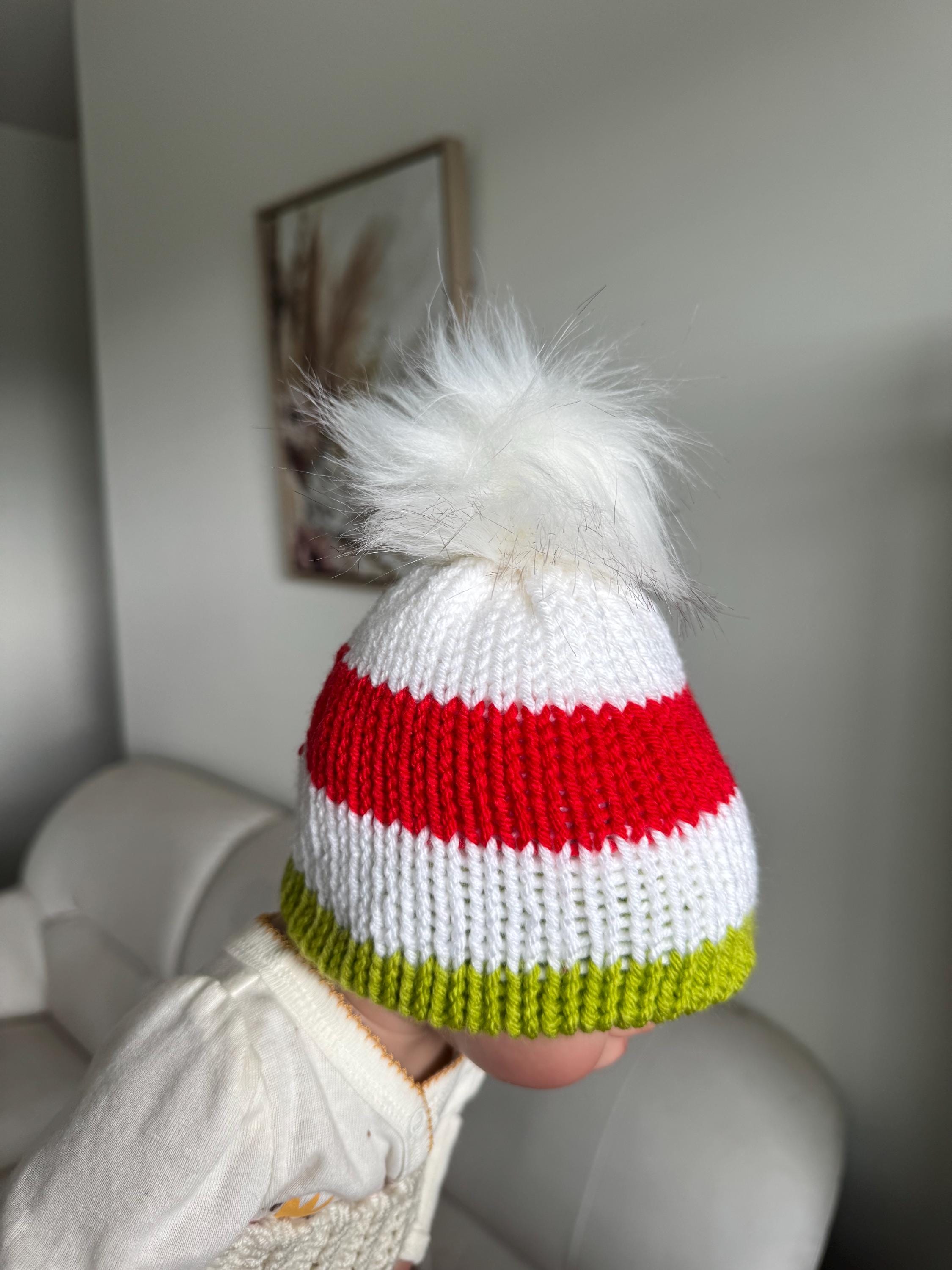 Christmas beanie hat red-white-lime green striped with white faux fur pompom