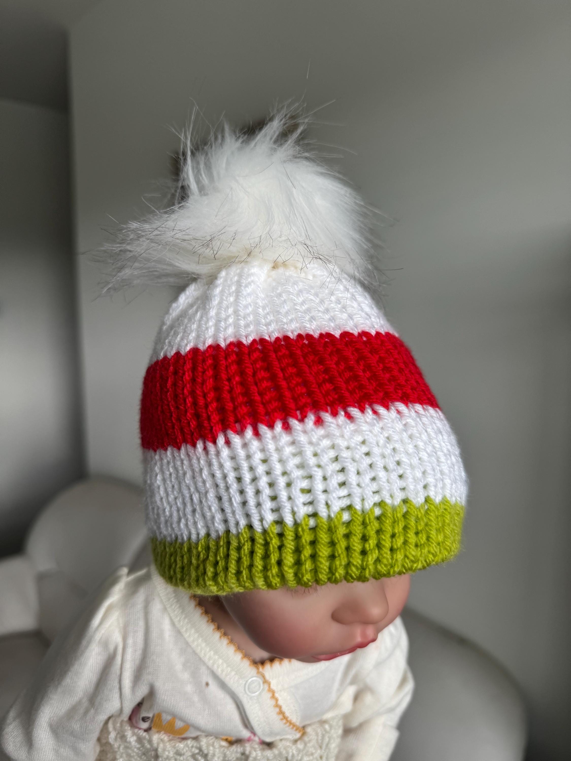 Christmas beanie hat red-white-lime green striped with white faux fur pompom