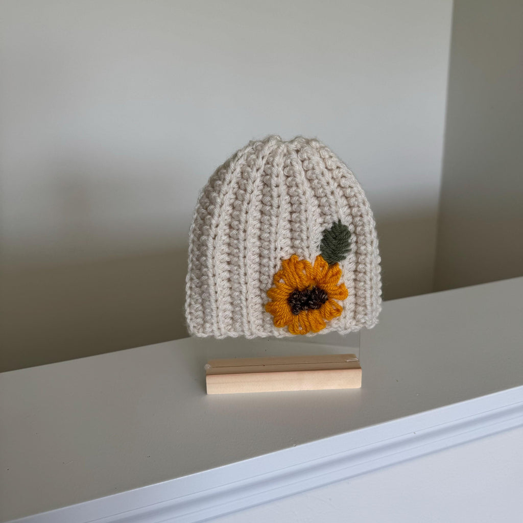 Hat for baby- crochet with hand embroidered sunflower- beige size newborn to 3T available
