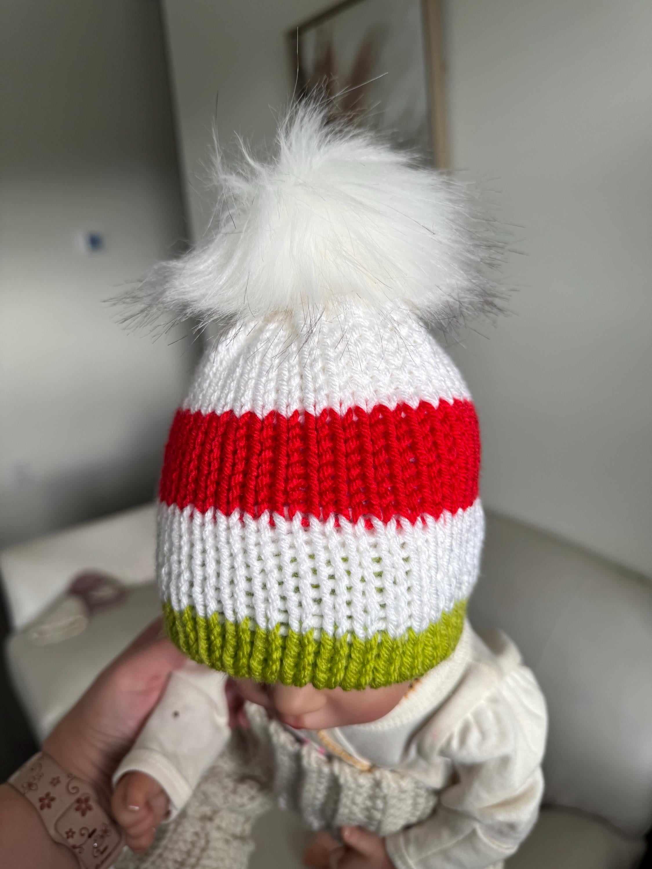 Christmas beanie hat red-white-lime green striped with white faux fur pompom
