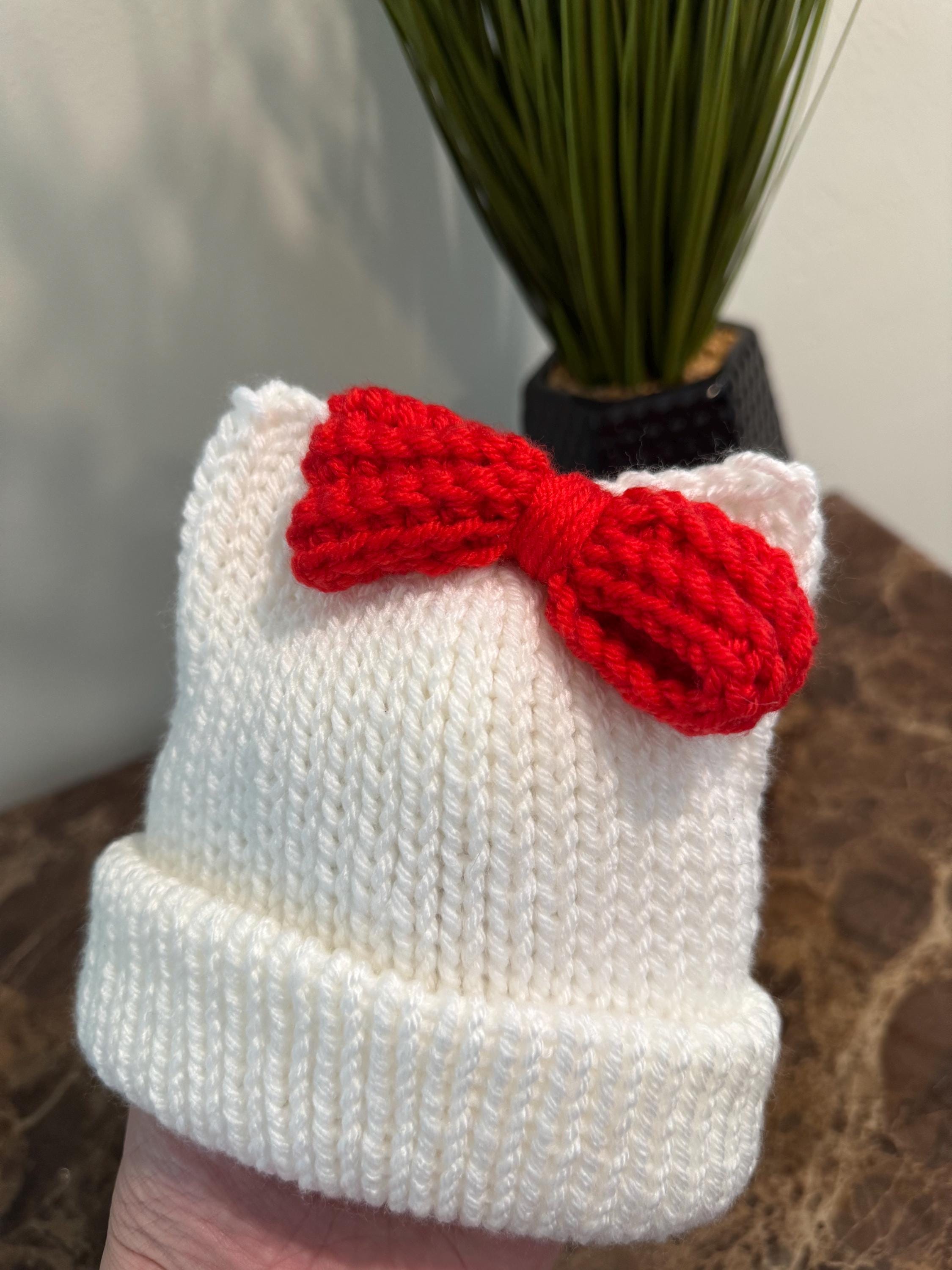 Kitty Cat Ears Beanie Hat White Beanie Hat With a Red Bow- Sizes newborn to adult