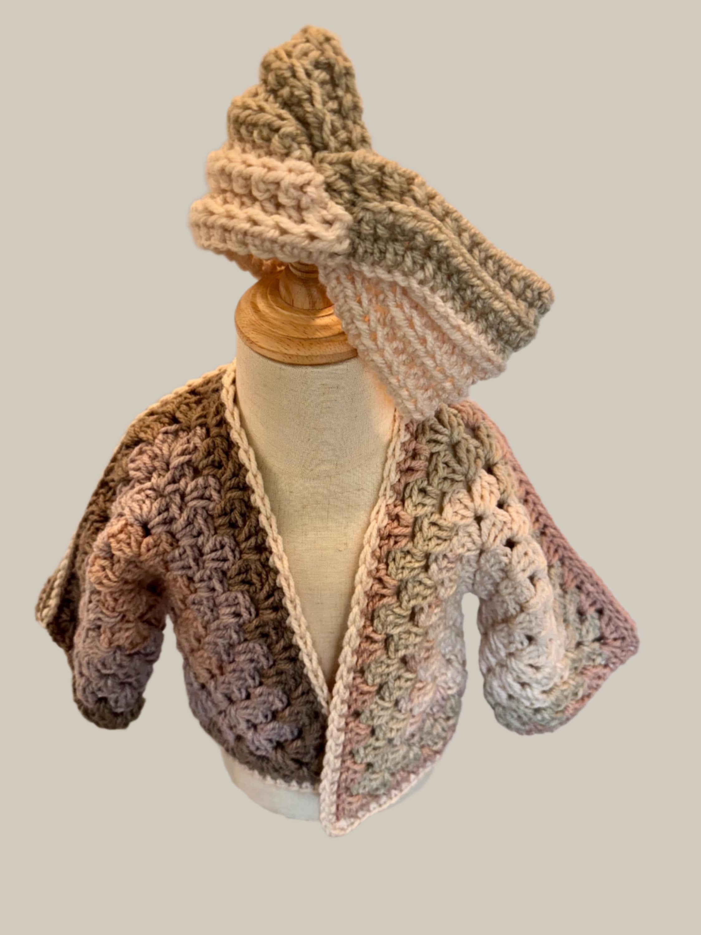 Crochet granny hexagon cardigan and headband set for girl, size 2-3T, beige gray pink and purple color combo