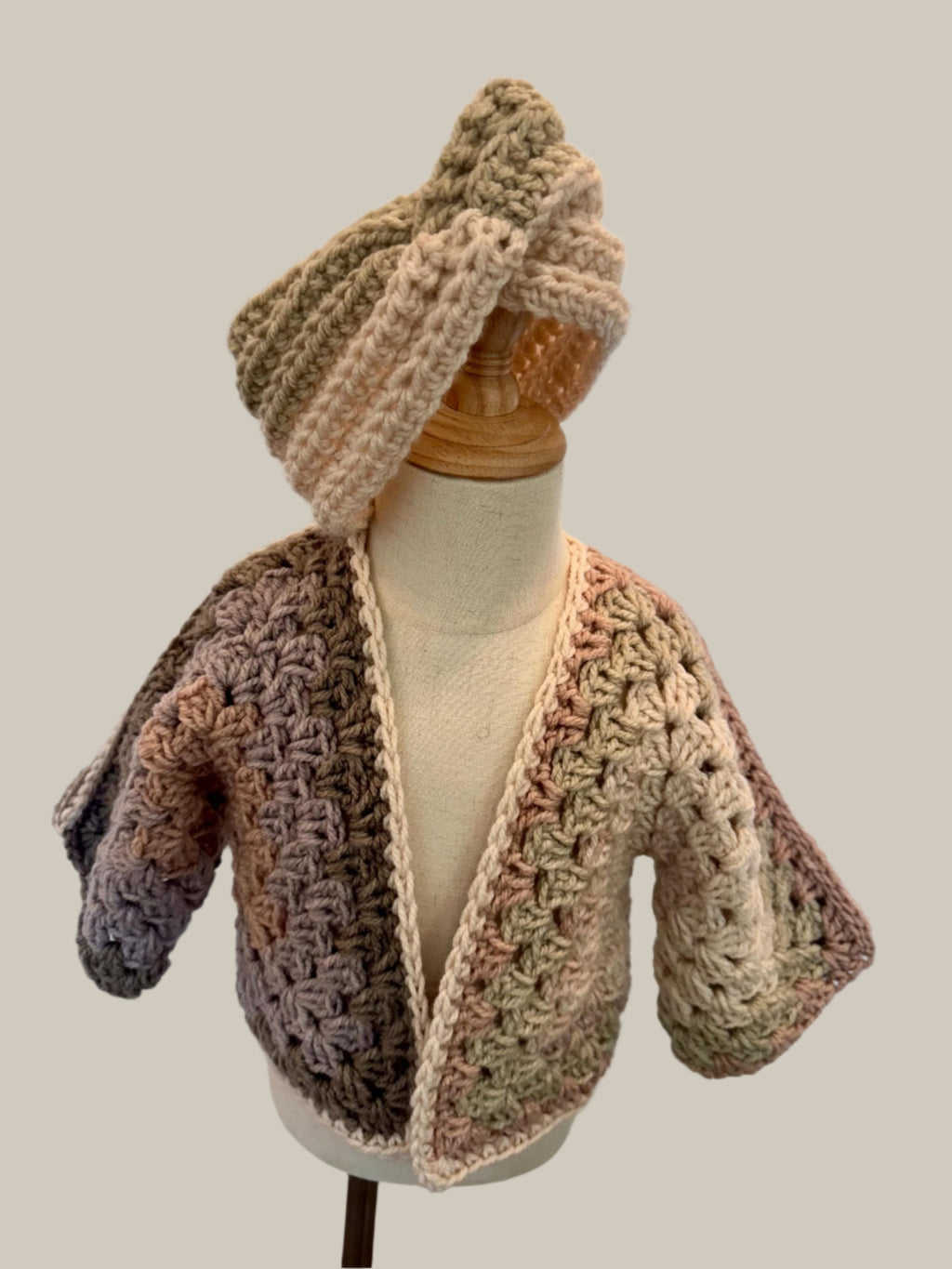 Crochet granny hexagon cardigan and headband set for girl, size 2-3T, beige gray pink and purple color combo