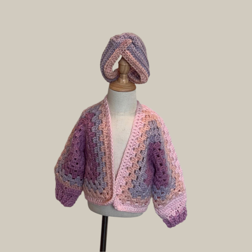 Crochet granny hexagon cardigan and 2 headbands set for girl, size 3-5 y.o., pink white and purple color combo