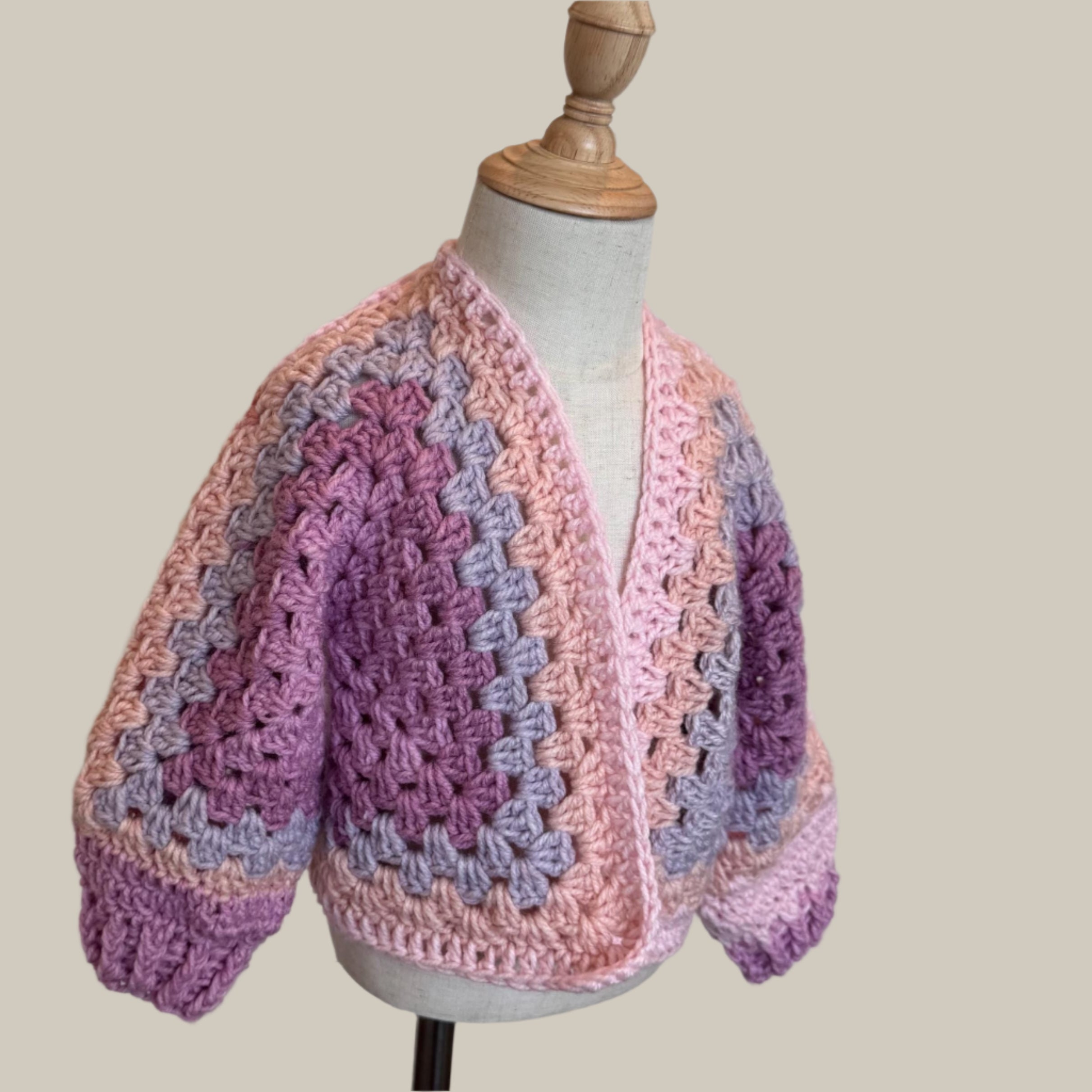 Crochet granny hexagon cardigan and 2 headbands set for girl, size 3-5 y.o., pink white and purple color combo