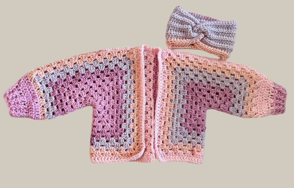 Crochet granny hexagon cardigan and 2 headbands set for girl, size 3-5 y.o., pink white and purple color combo