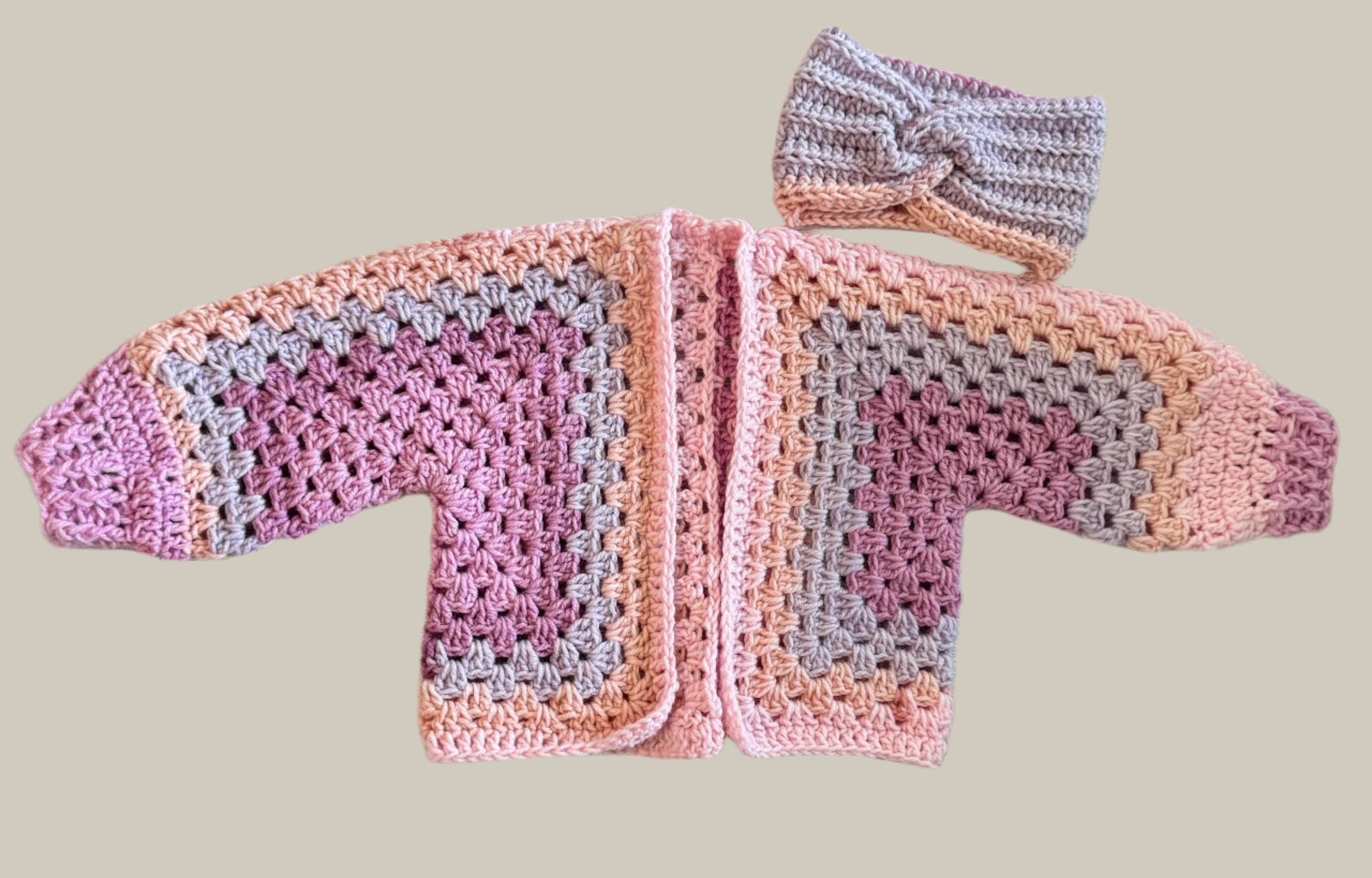 Crochet granny hexagon cardigan and 2 headbands set for girl, size 3-5 y.o., pink white and purple color combo