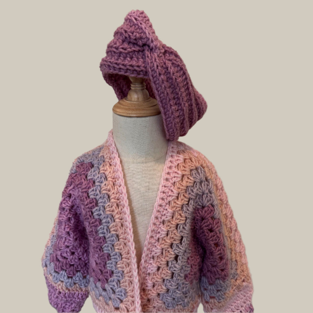 Crochet granny hexagon cardigan and 2 headbands set for girl, size 3-5 y.o., pink white and purple color combo