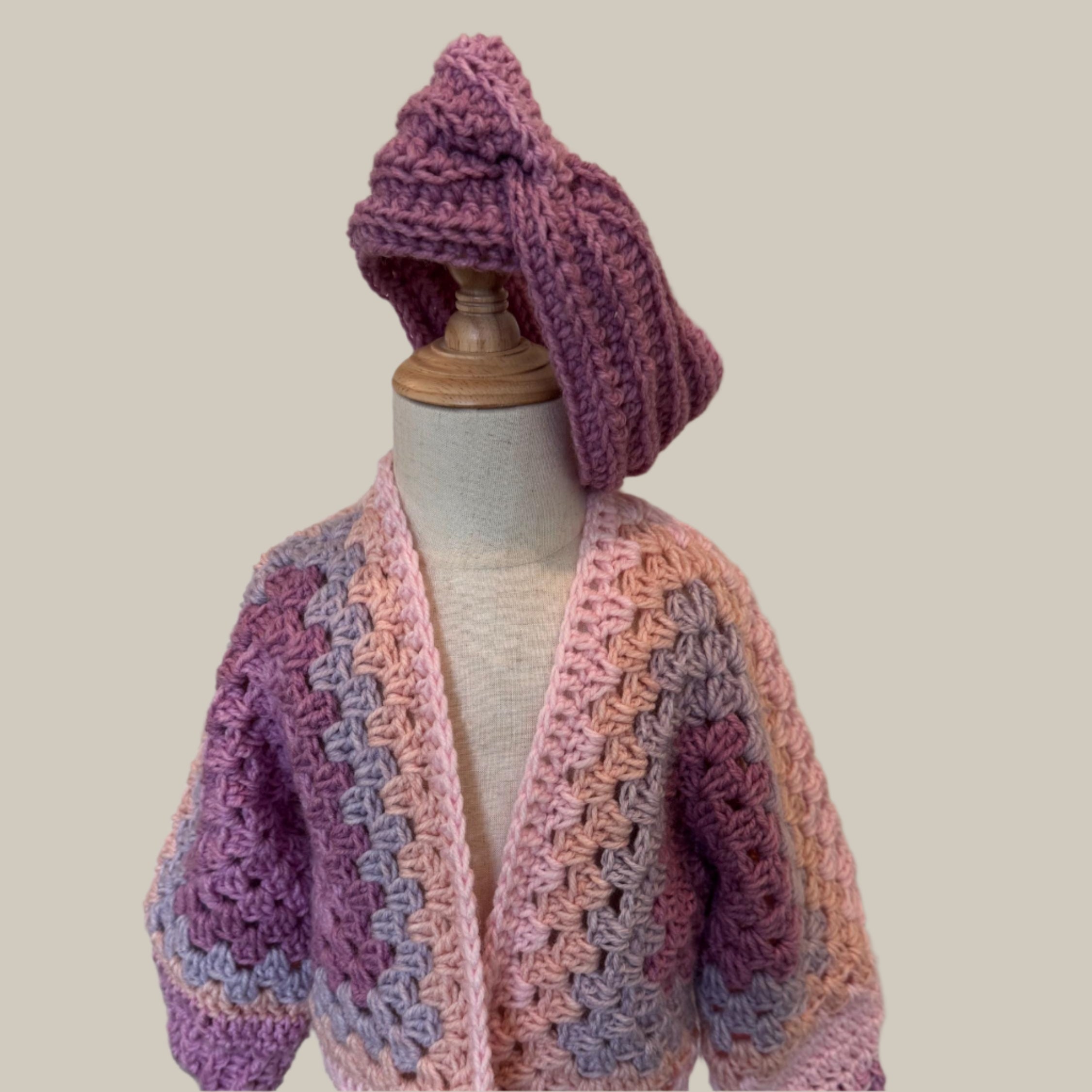 Crochet granny hexagon cardigan and 2 headbands set for girl, size 3-5 y.o., pink white and purple color combo