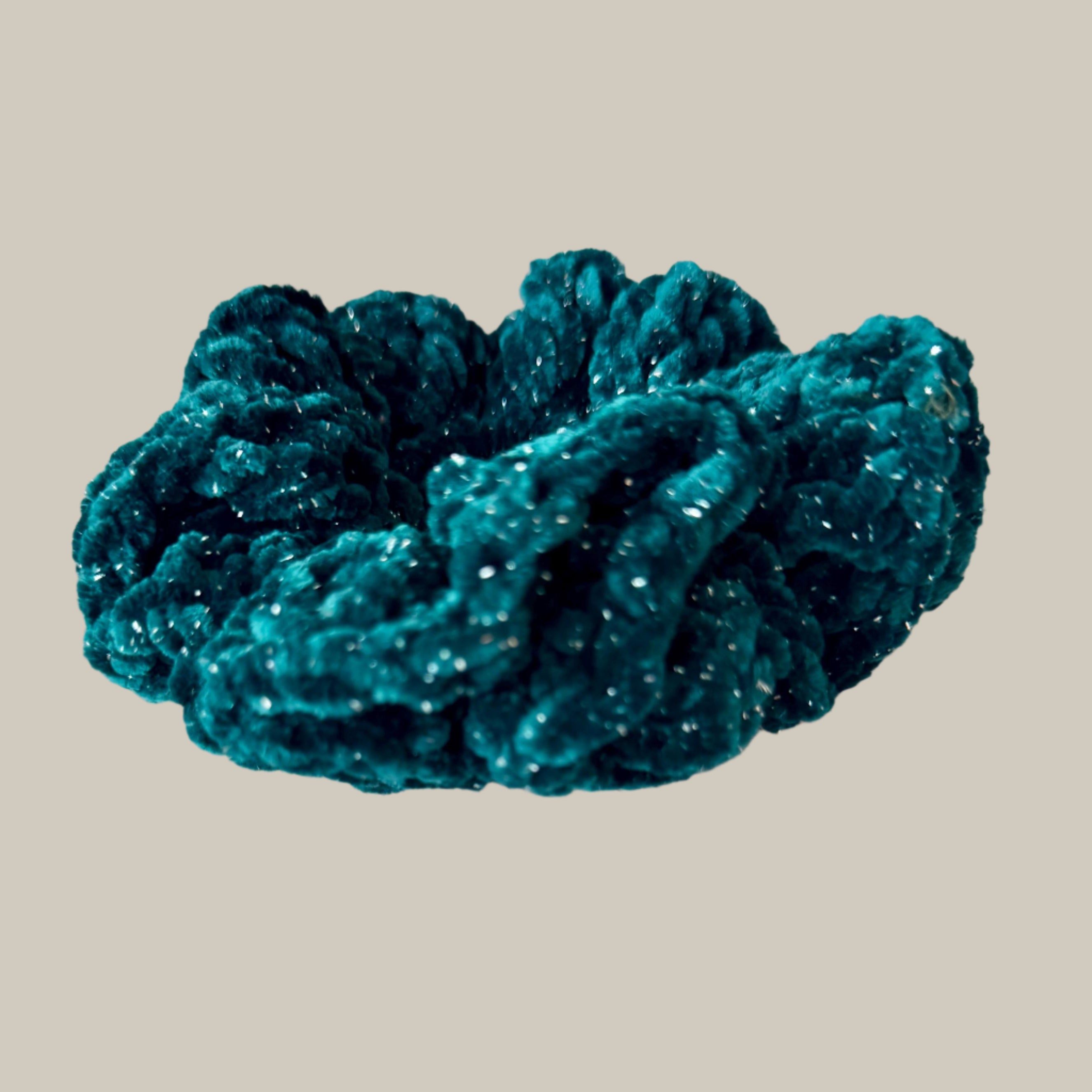 Extra large soft hair scrunchie made from soft velvety yarn- sparkly teal green