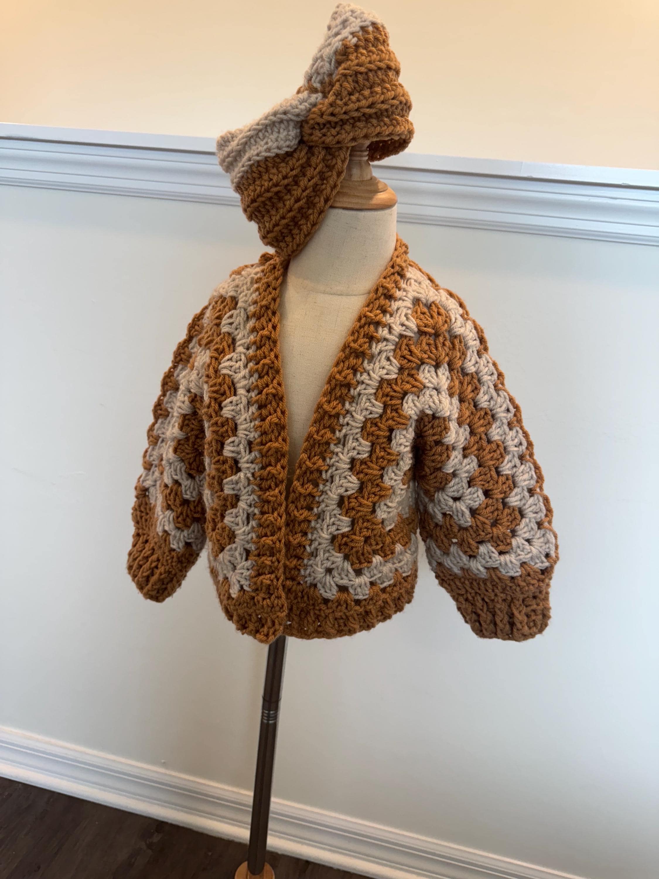 Handmade Crochet Sweater Cardigan and Headband Set for Toddler Girl, size 2-4 years old, beige and brown color combo