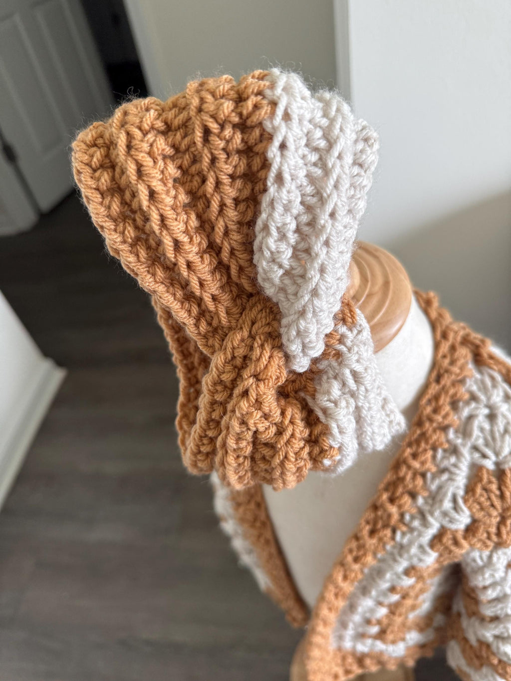 Handmade Crochet Sweater Cardigan and Headband Set for Toddler Girl, size 2-4 years old, beige and brown color combo