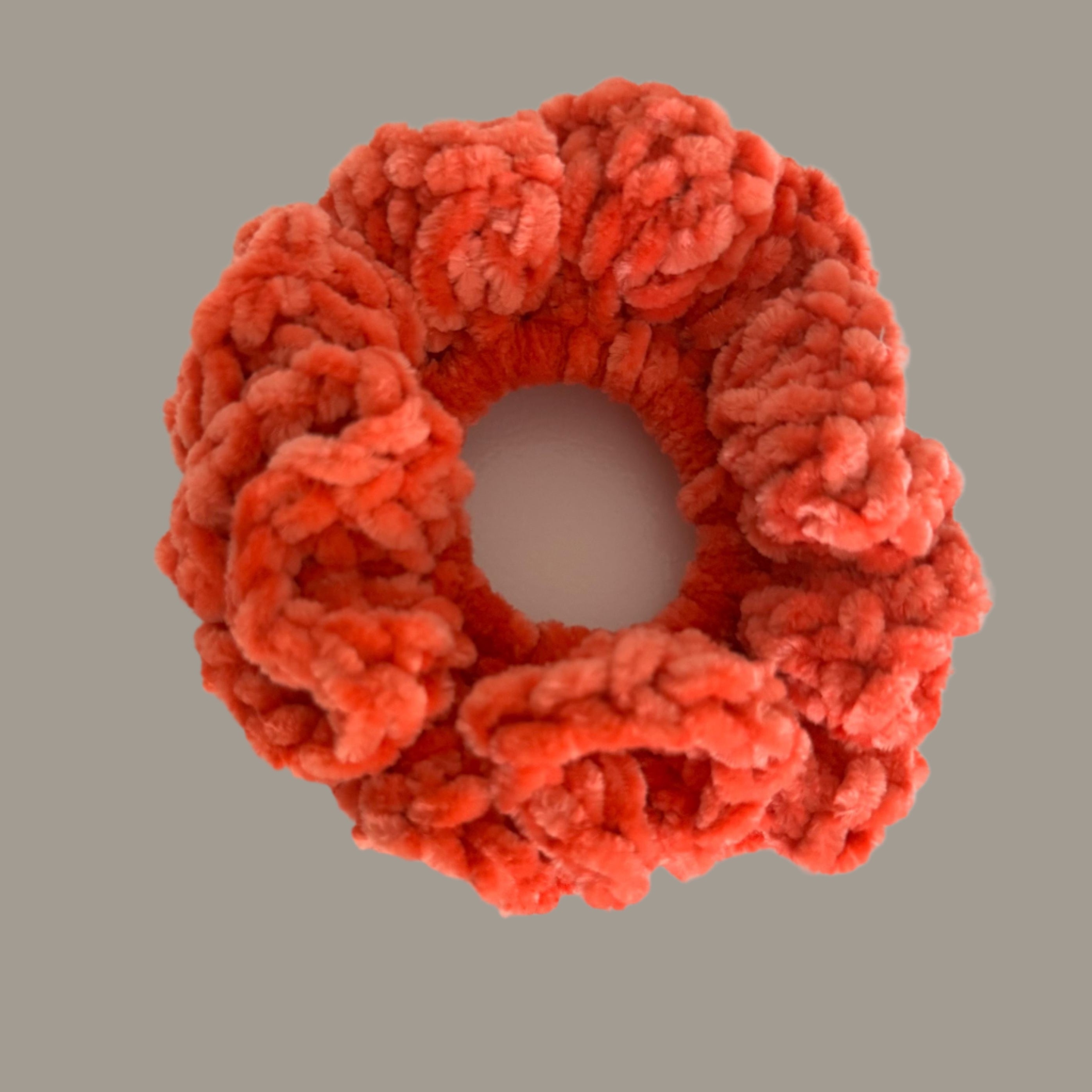 Soft hair scrunchie made from soft velvety yarn- in coral/salmon orange color