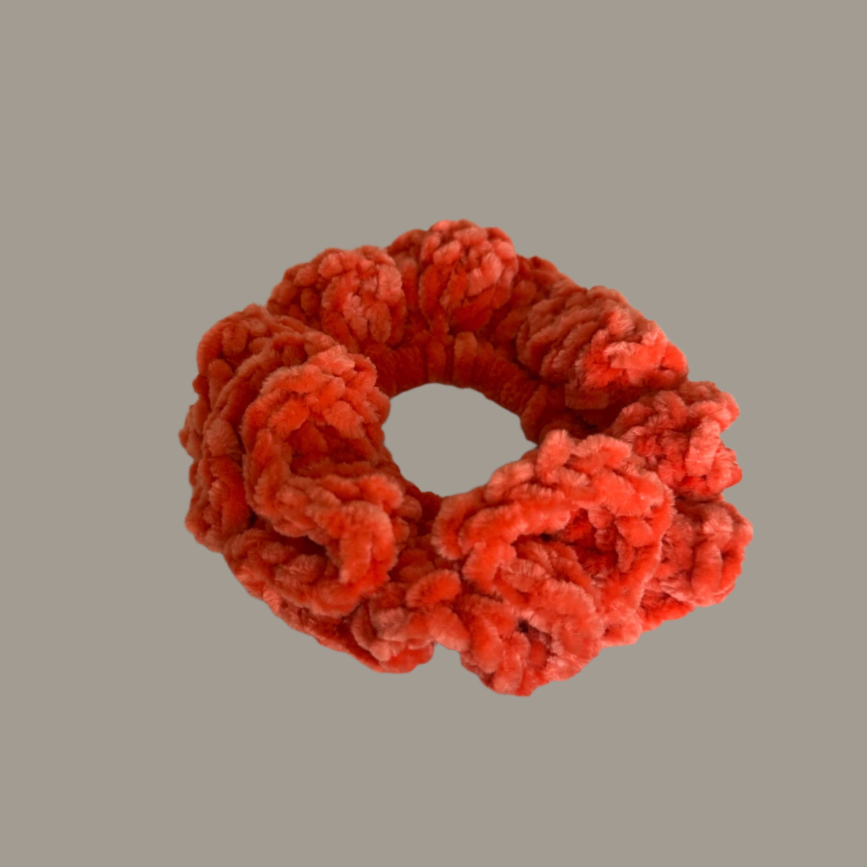 Soft hair scrunchie made from soft velvety yarn- in coral/salmon orange color