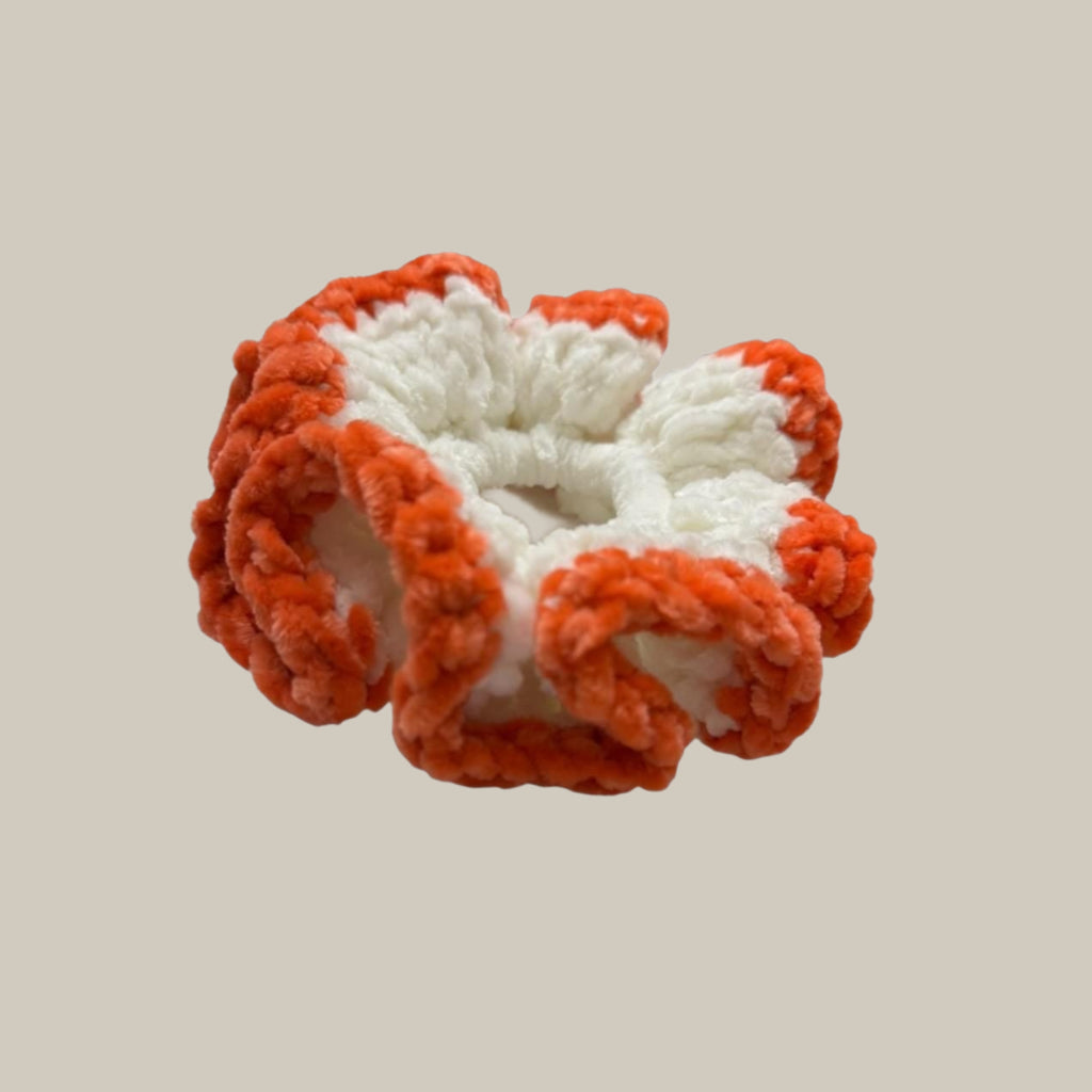 Extra large soft hair scrunchie made from soft velvety yarn- white and coral orange color