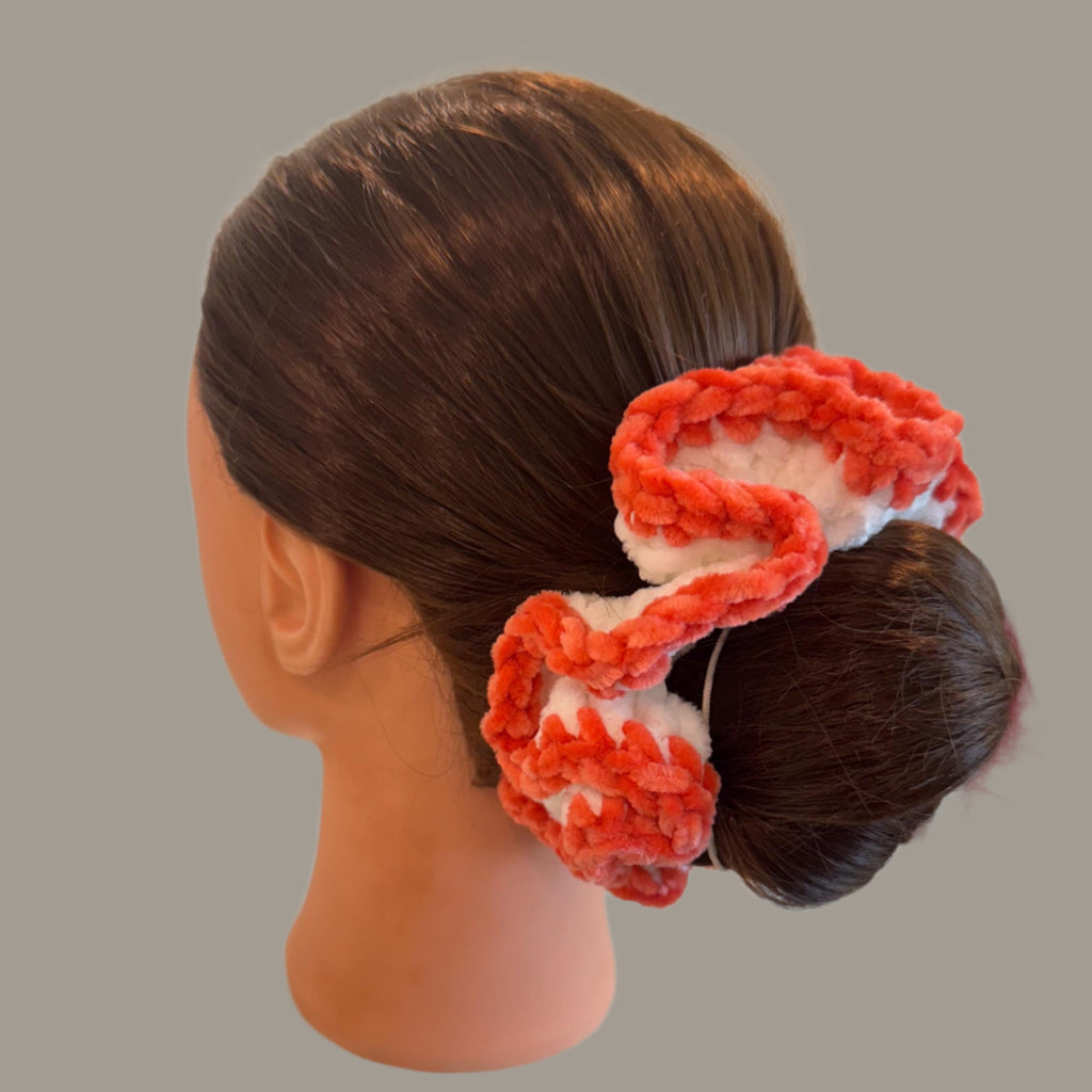 Extra large soft hair scrunchie made from soft velvety yarn- white and coral orange color