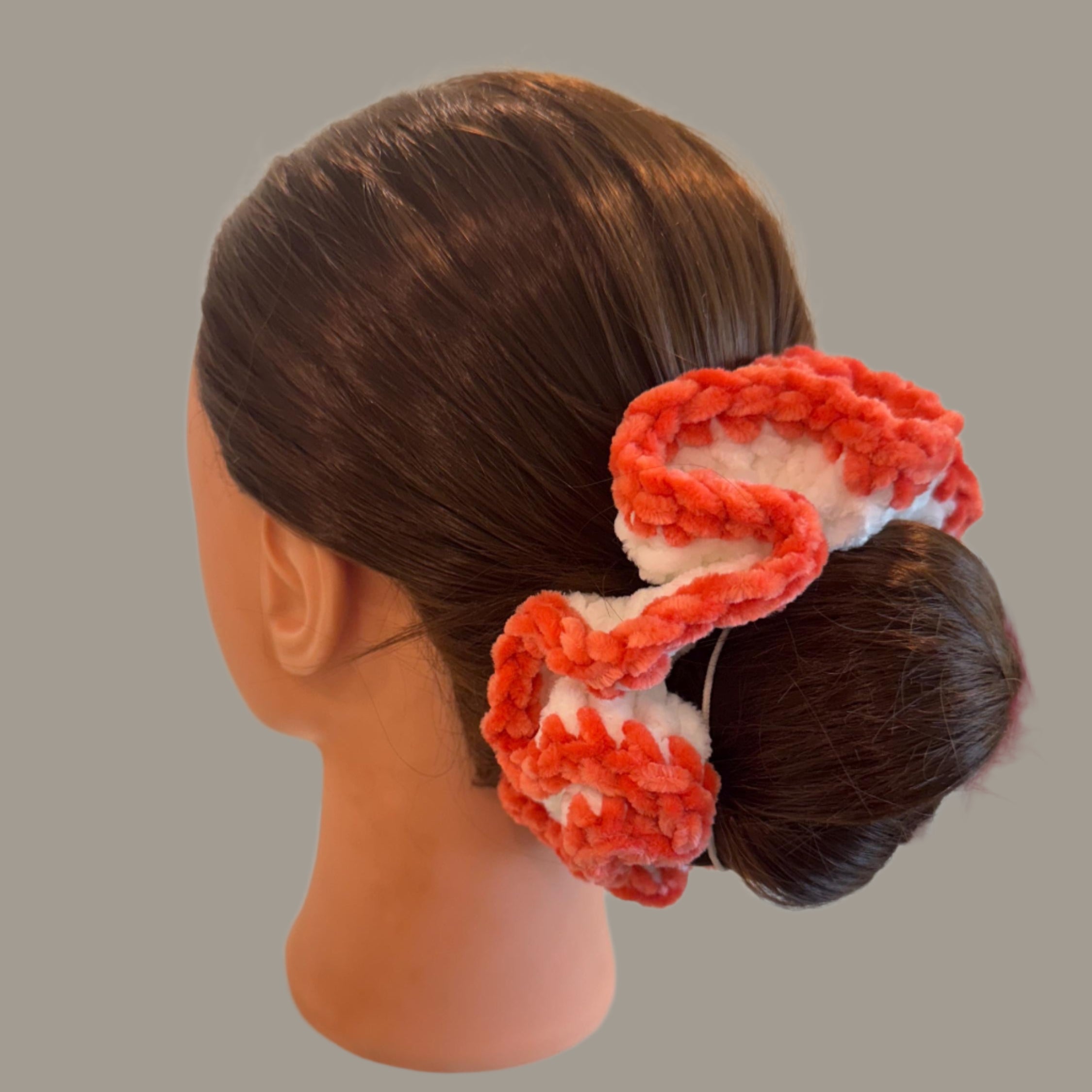 Extra large soft hair scrunchie made from soft velvety yarn- white and coral orange color