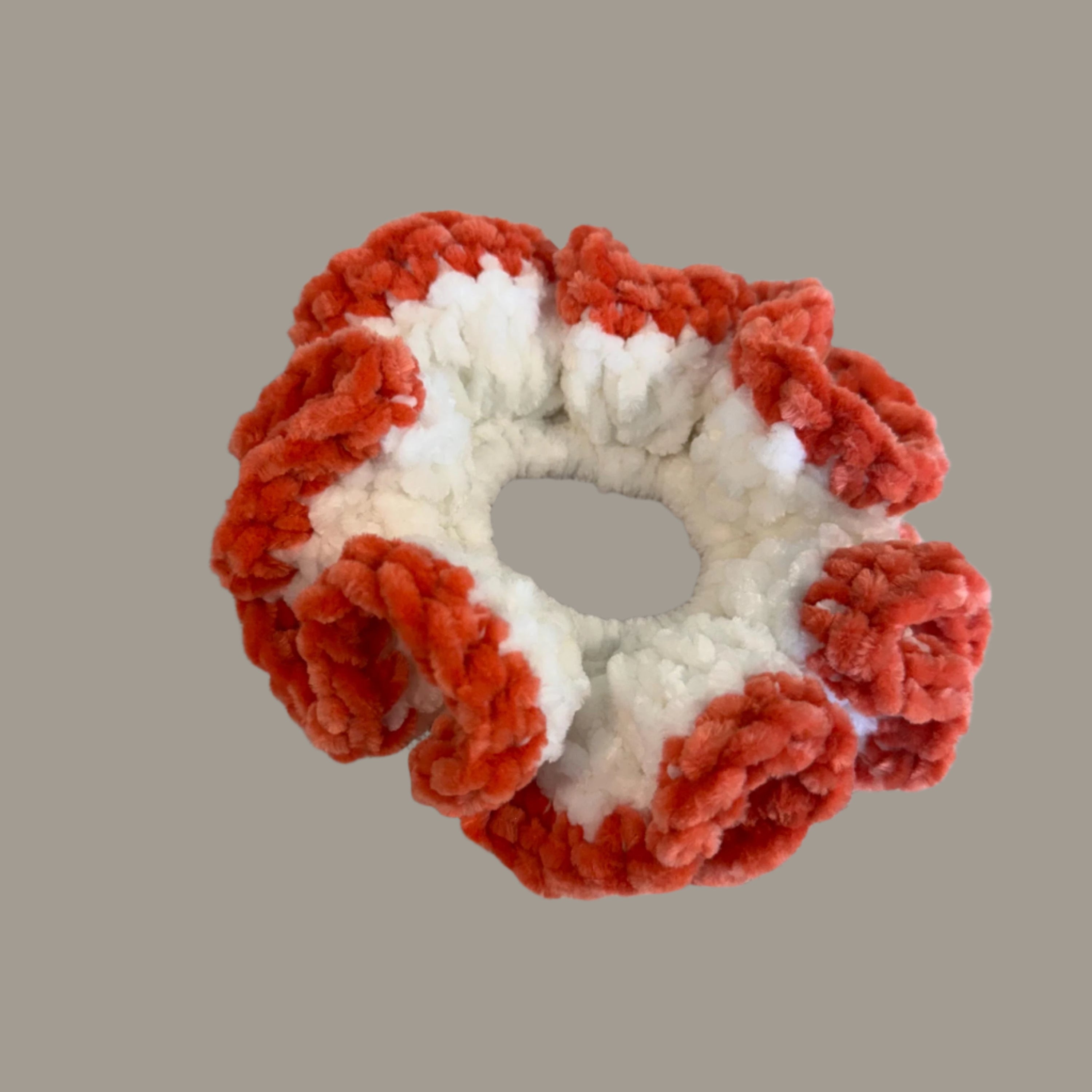 Extra large soft hair scrunchie made from soft velvety yarn- white and coral orange color