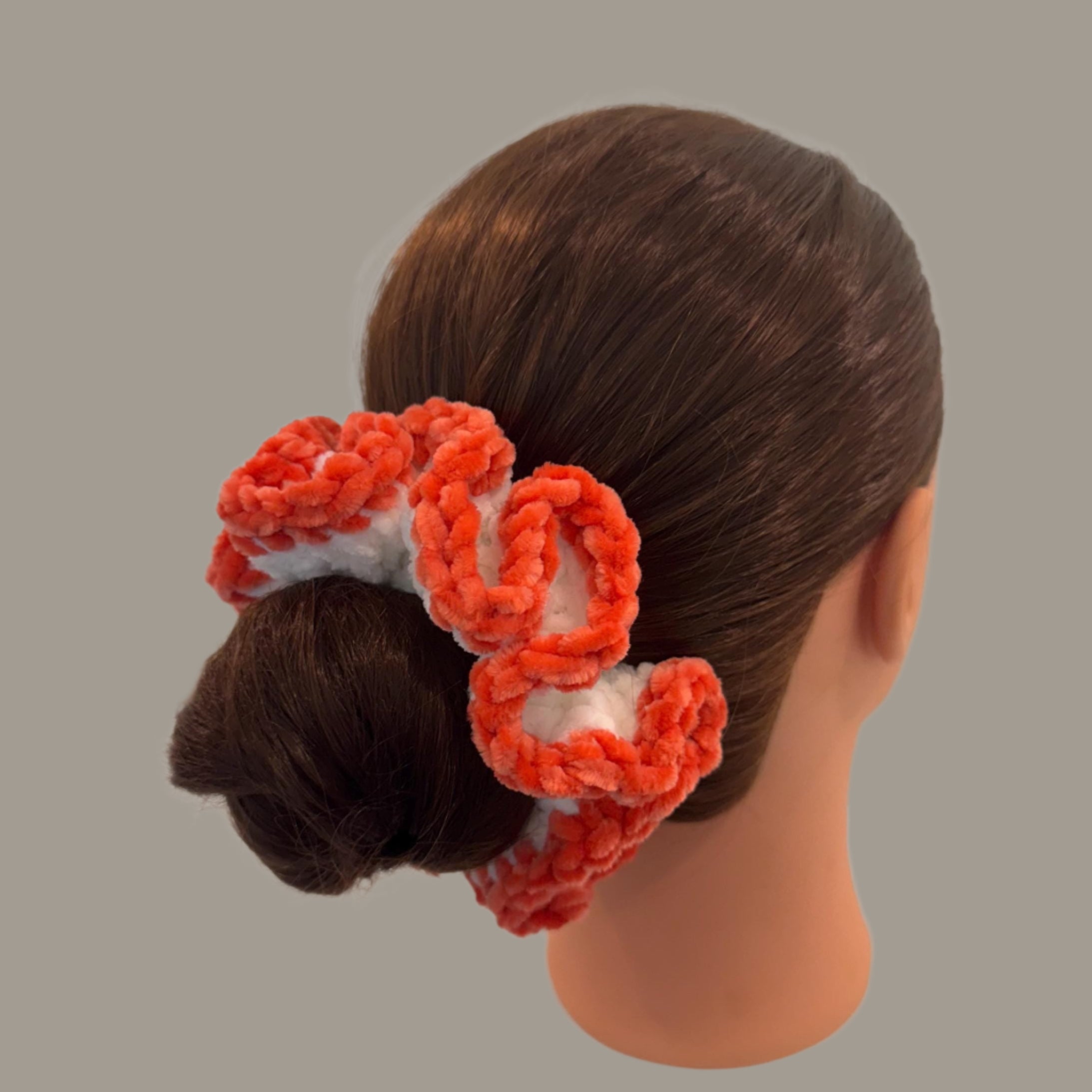 Extra large soft hair scrunchie made from soft velvety yarn- white and coral orange color