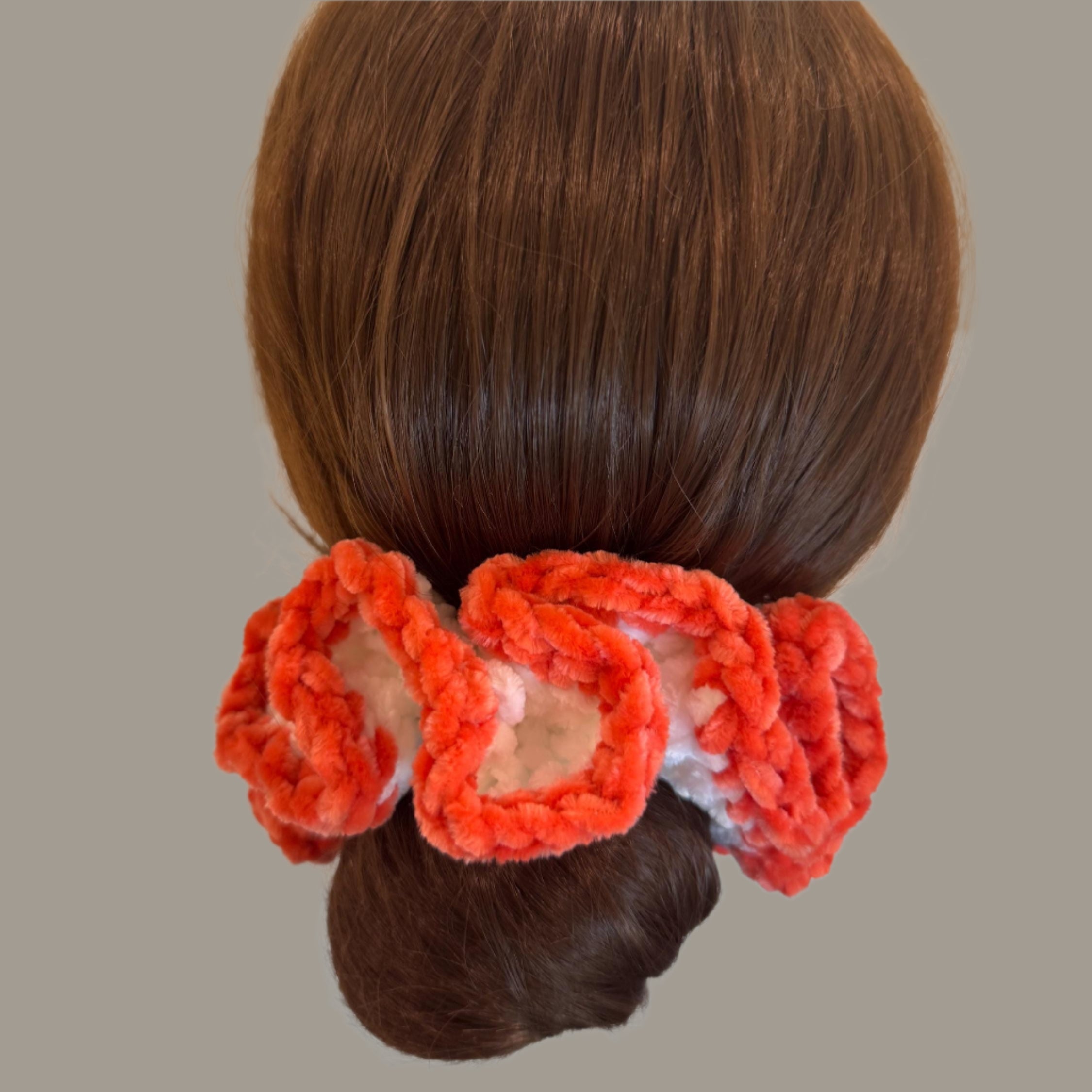 Extra large soft hair scrunchie made from soft velvety yarn- white and coral orange color