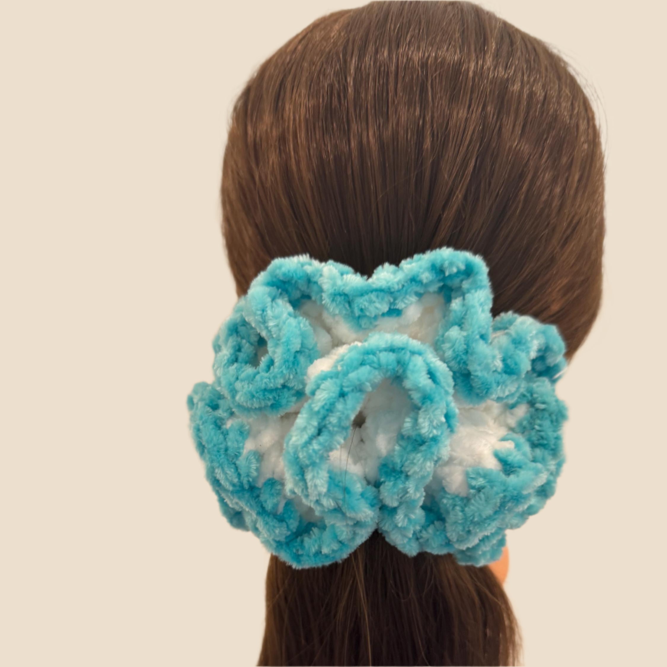 Extra large soft hair scrunchie made from soft velvety yarn- white and aqua blue color