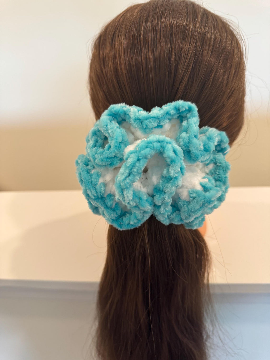 Extra large soft hair scrunchie - white and aqua blue color