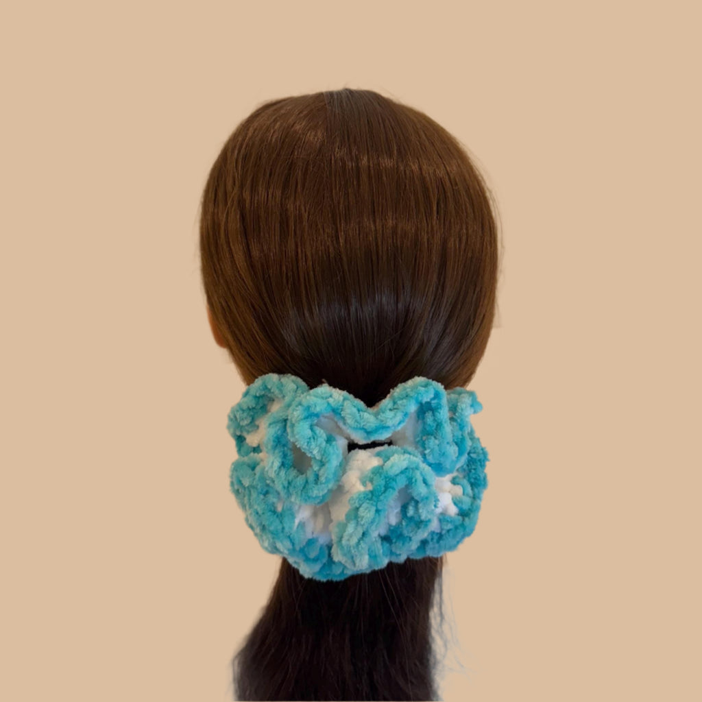 Extra large soft hair scrunchie made from soft velvety yarn- white and aqua blue color