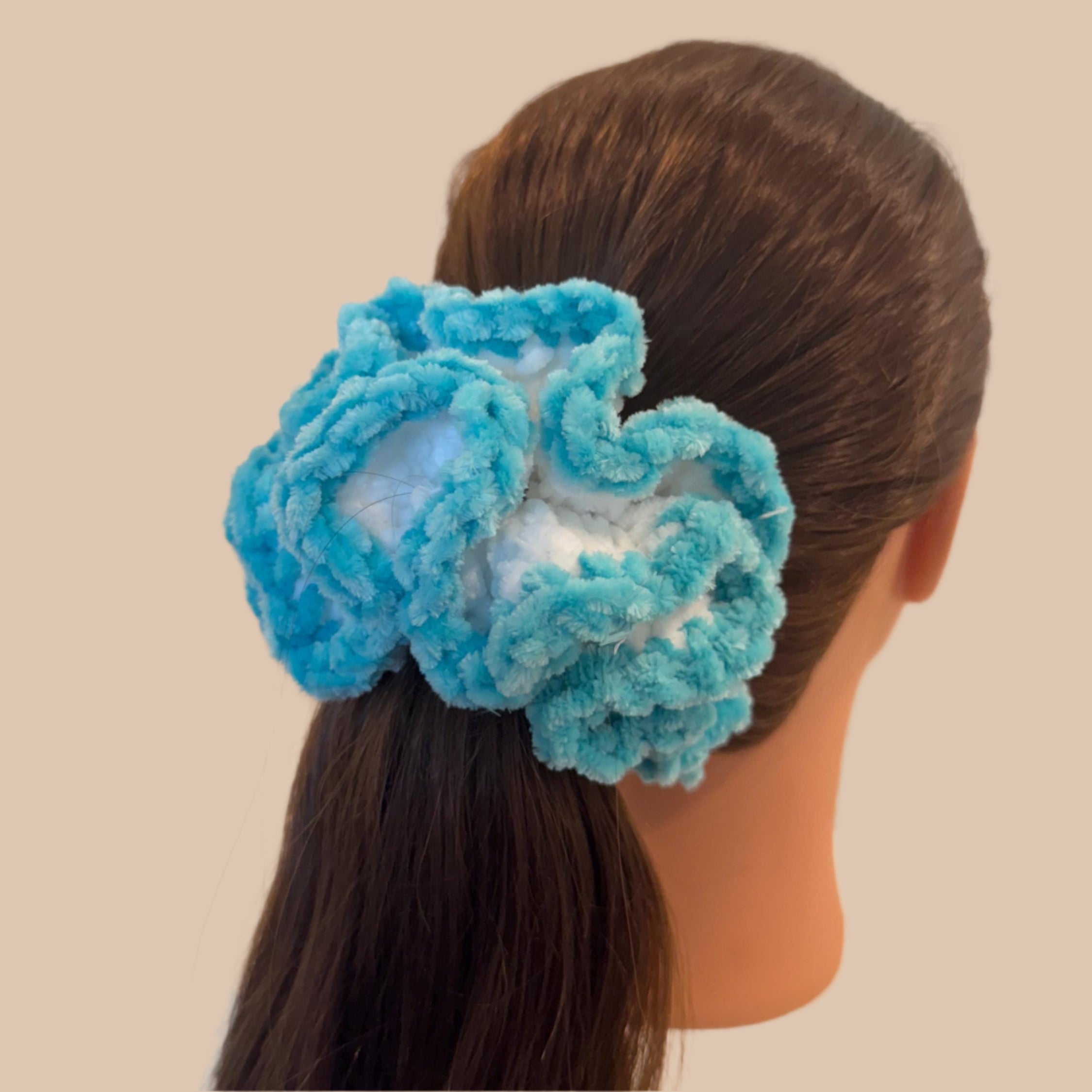 Extra large soft hair scrunchie made from soft velvety yarn- white and aqua blue color
