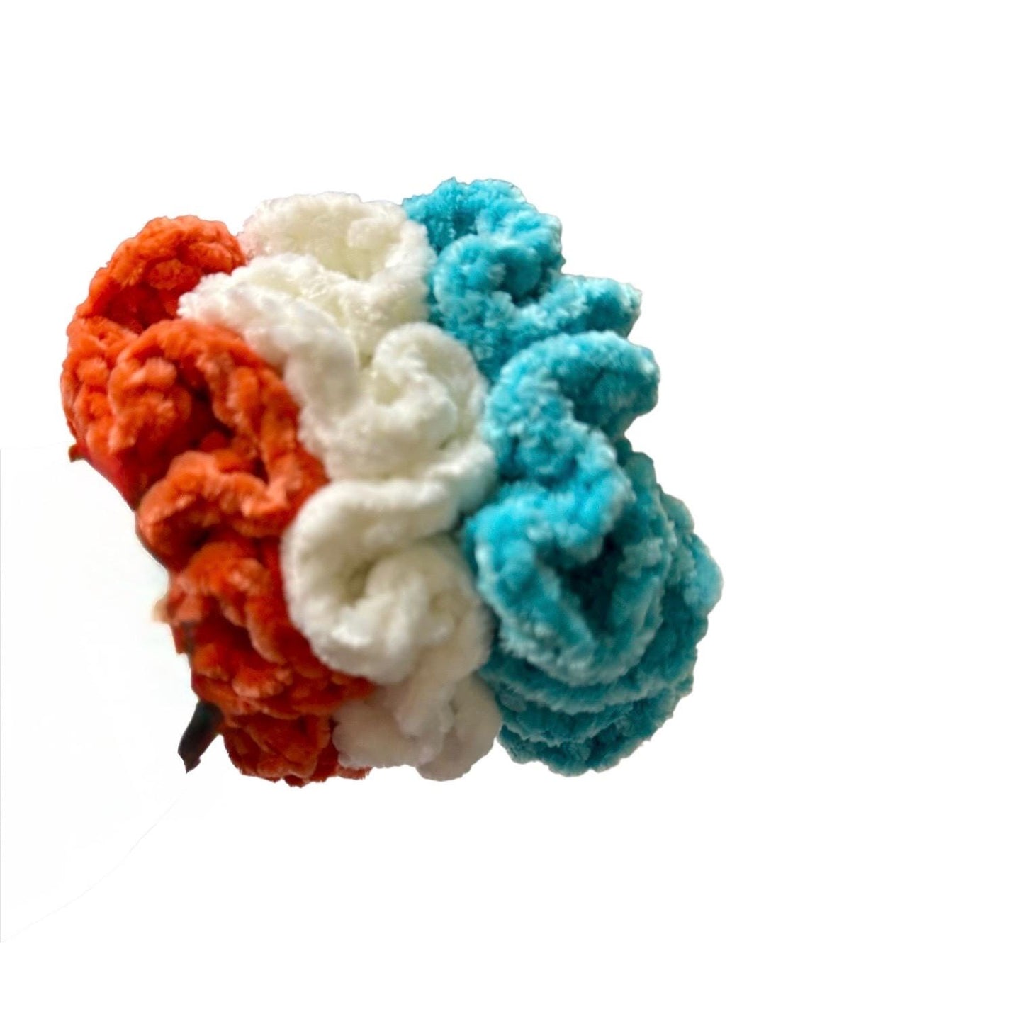 Soft hair scrunchies - set of 3- made from soft velvety yarn- in aqua blue color- white- coral orange