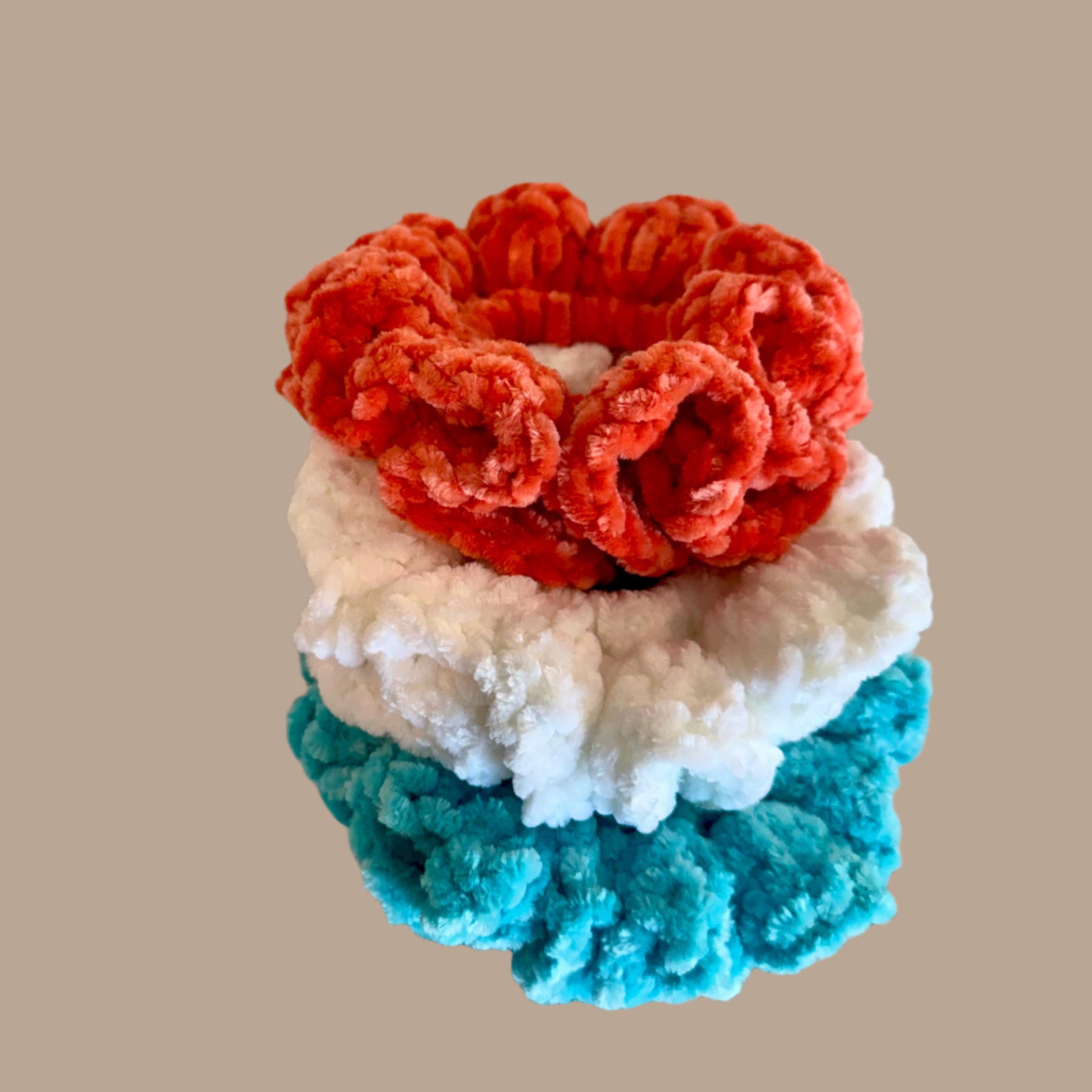 Soft hair scrunchies - set of 3- made from soft velvety yarn- in aqua blue color- white- coral orange