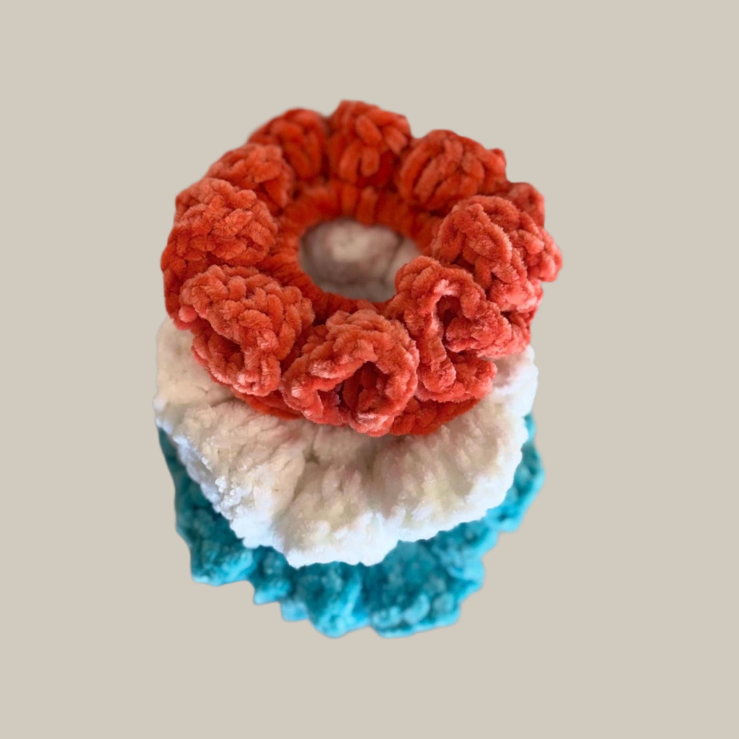 Soft hair scrunchies - set of 3- made from soft velvety yarn- in aqua blue color- white- coral orange