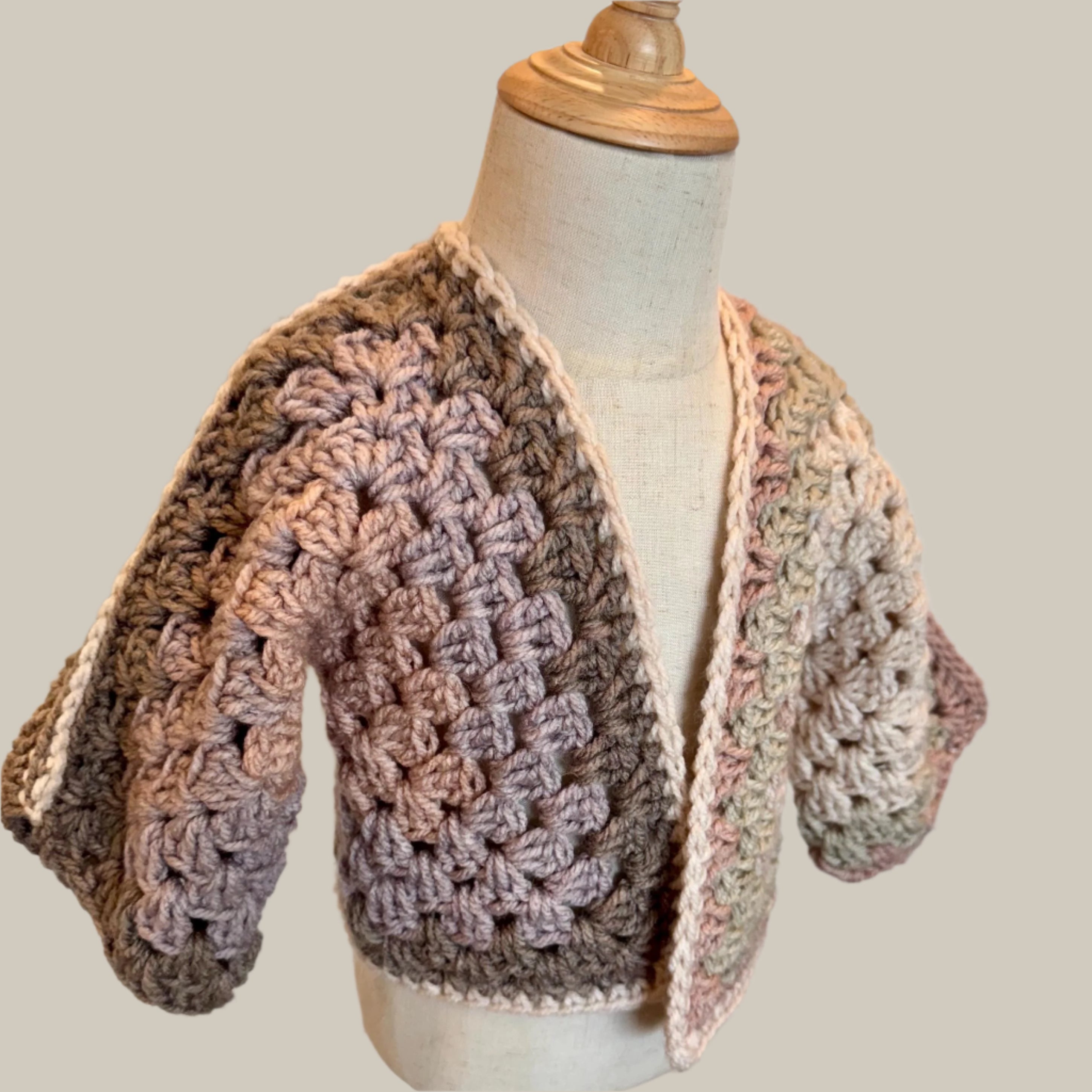 Crochet granny hexagon cardigan and headband set for girl, size 2-3T, beige gray pink and purple color combo